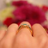 Ellibelle Jewellery Vintage Emerald & Emerald-Cut Diamond 18ct Gold Three-Stone Engagement Ring