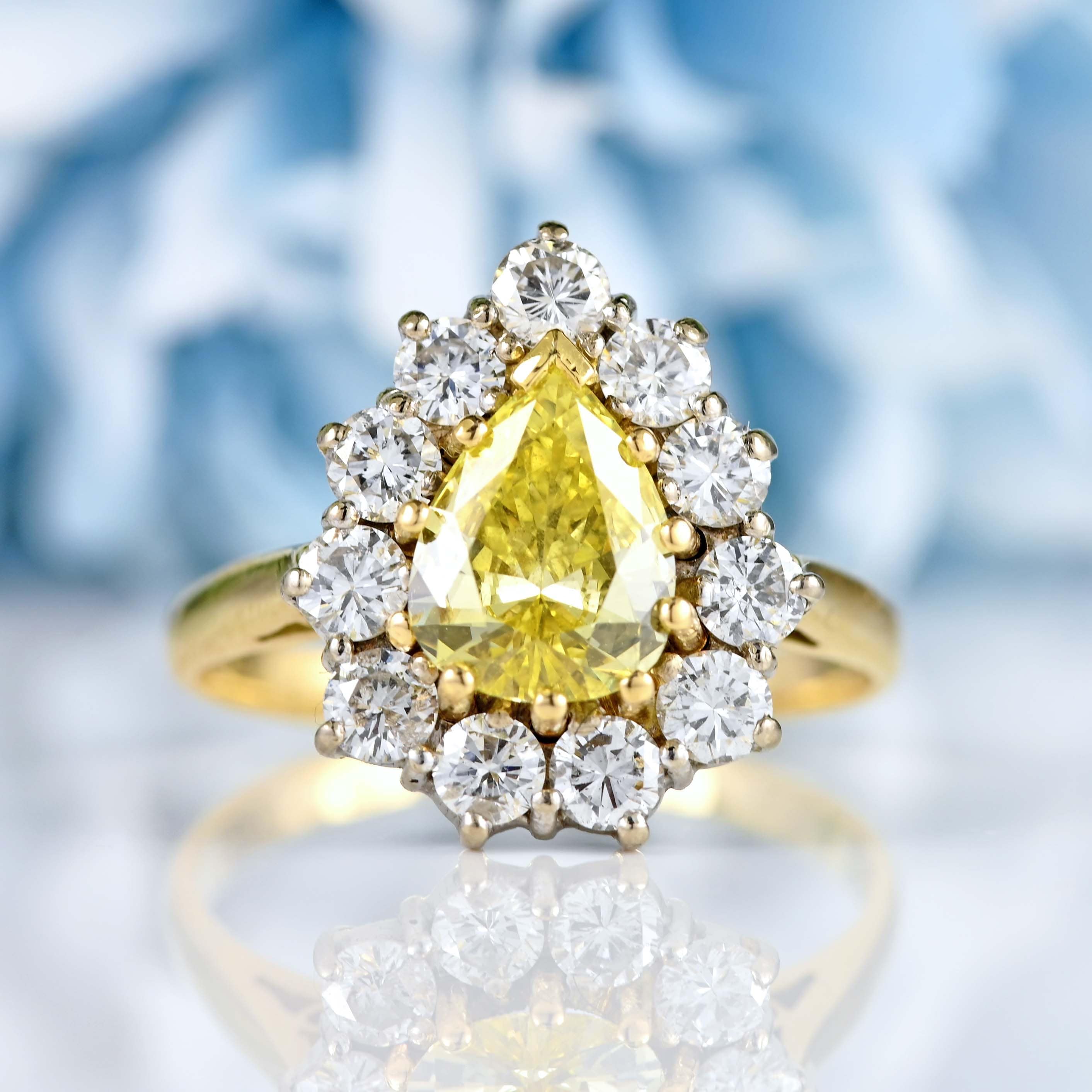 Ellibelle Jewellery Vintage Fancy Yellow Diamond 18ct Gold Pear Cluster Engagement Ring (0.85ct)