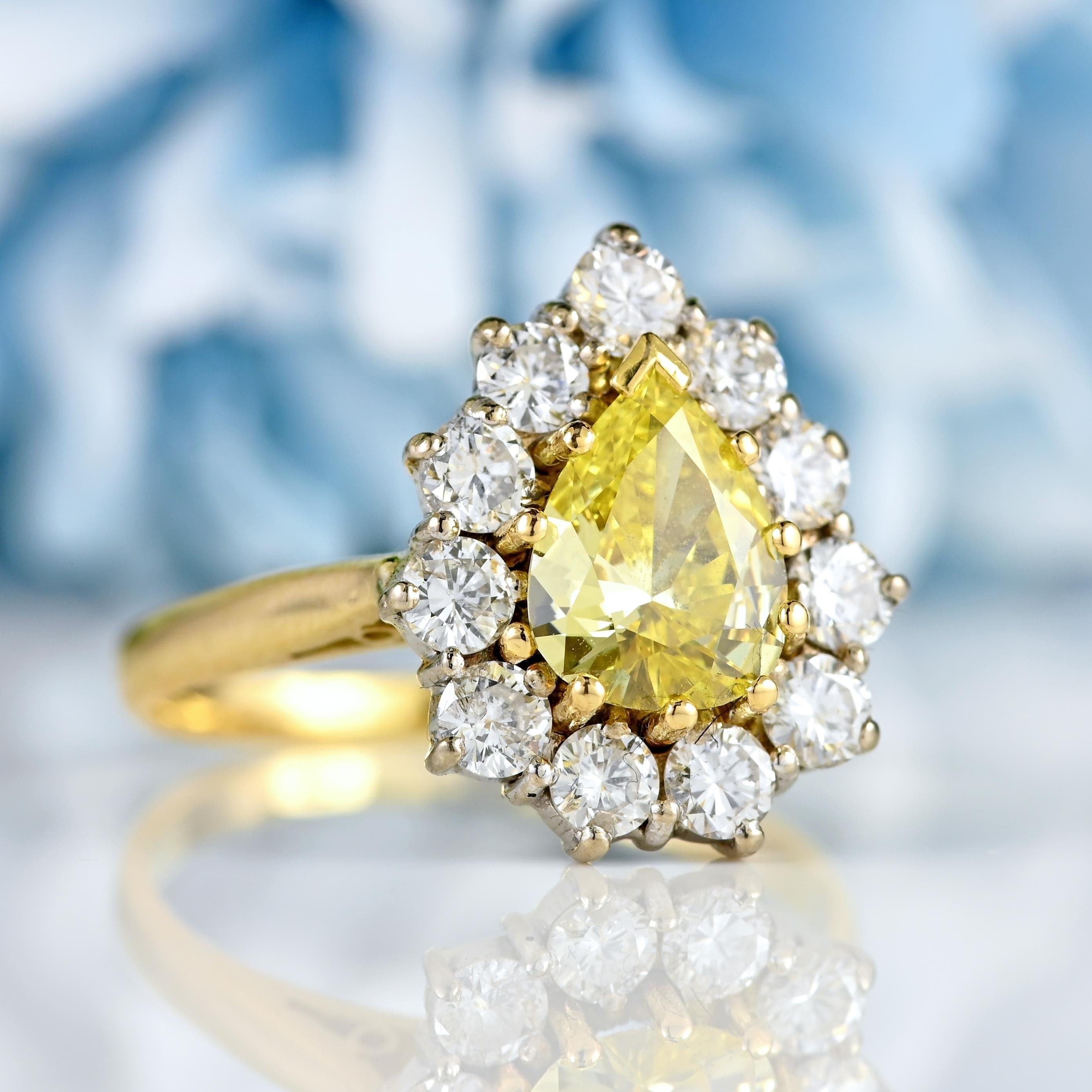 Vintage Fancy Yellow Diamond 18ct Gold Pear Cluster Engagement Ring