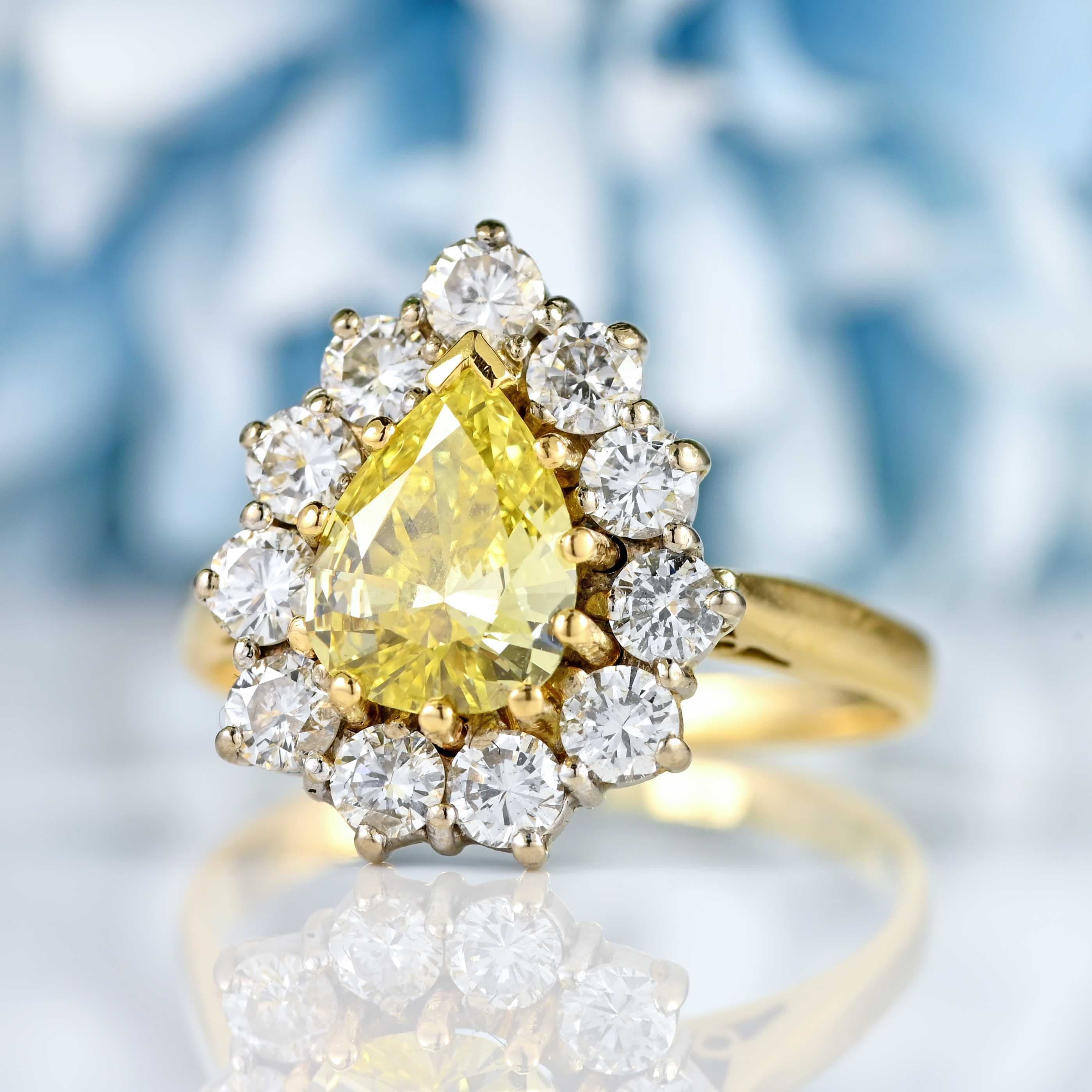 Ellibelle Jewellery Vintage Fancy Yellow Diamond 18ct Gold Pear Cluster Engagement Ring (0.85ct)