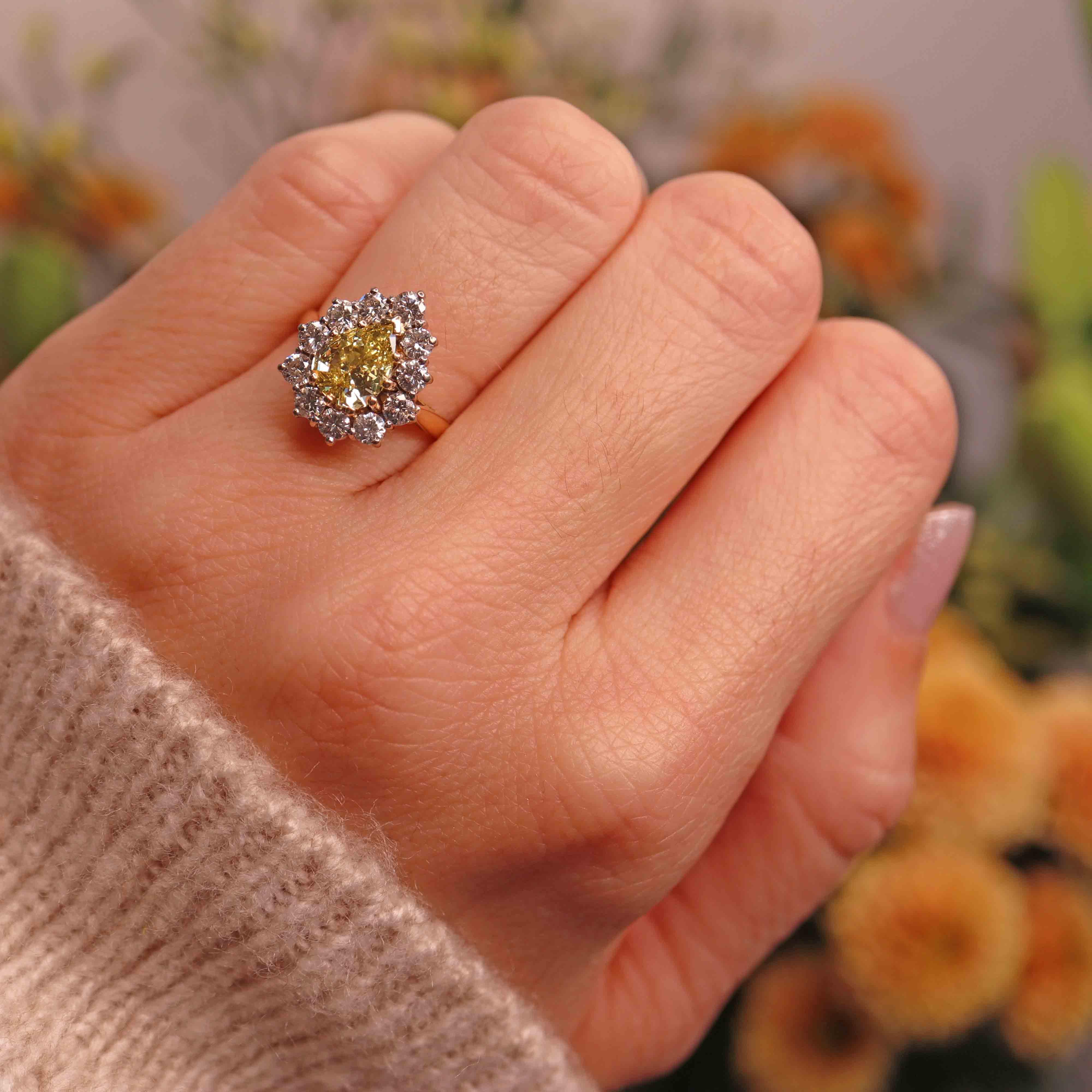 Ellibelle Jewellery Vintage Fancy Yellow Diamond 18ct Gold Pear Cluster Engagement Ring (0.85ct)