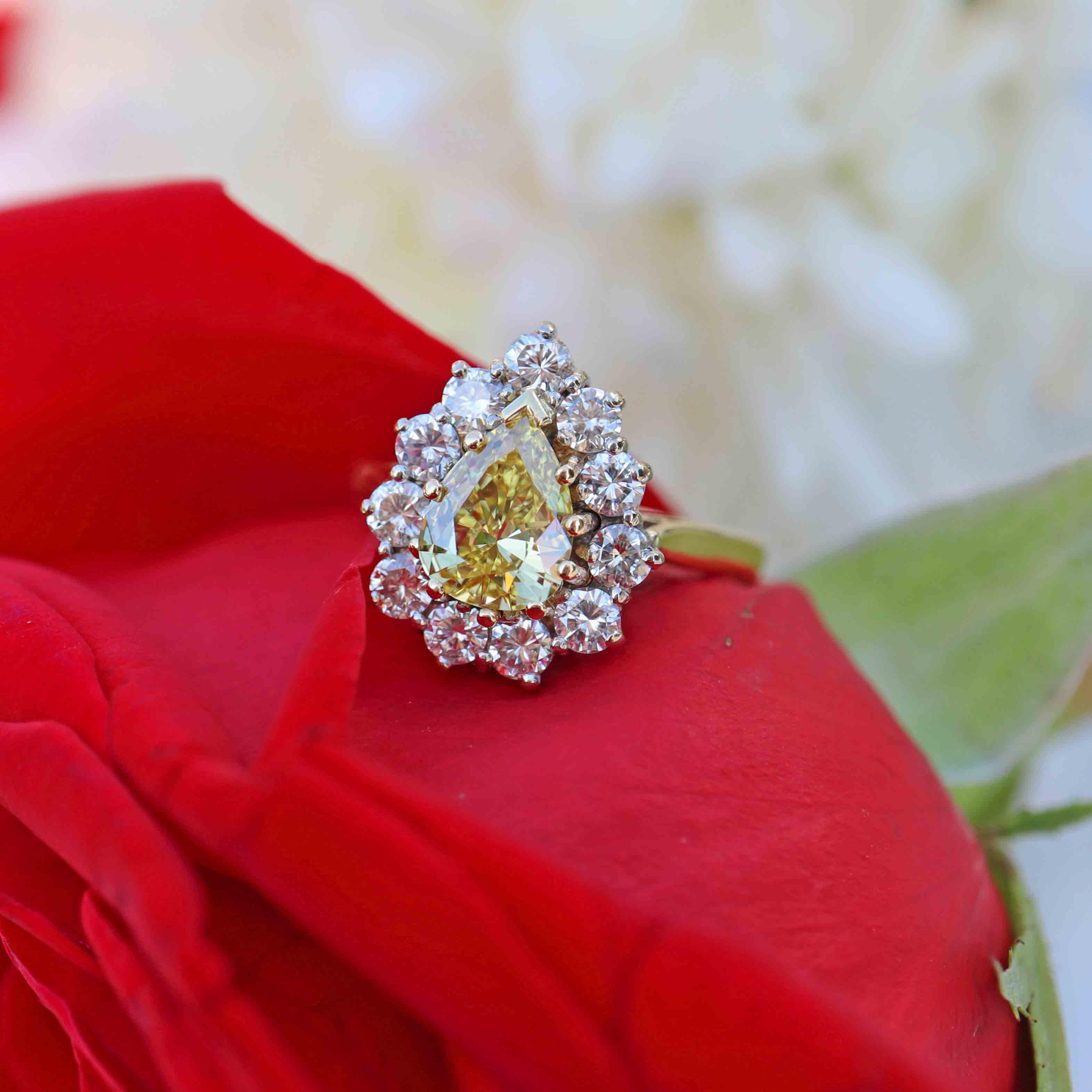 Ellibelle Jewellery Vintage Fancy Yellow Diamond 18ct Gold Pear Cluster Engagement Ring (0.85ct)