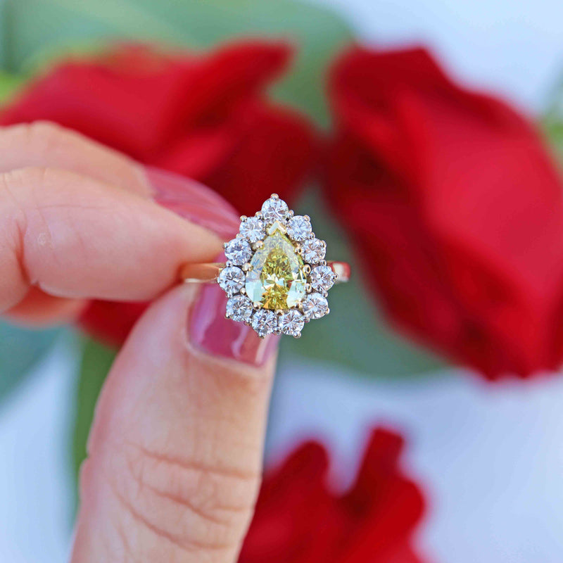 Ellibelle Jewellery Vintage Fancy Yellow Diamond 18ct Gold Pear Cluster Engagement Ring (0.85ct)