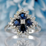 Ellibelle Jewellery Vintage Four-Stone Sapphire & Diamond 18ct White Gold Cluster Statement Ring