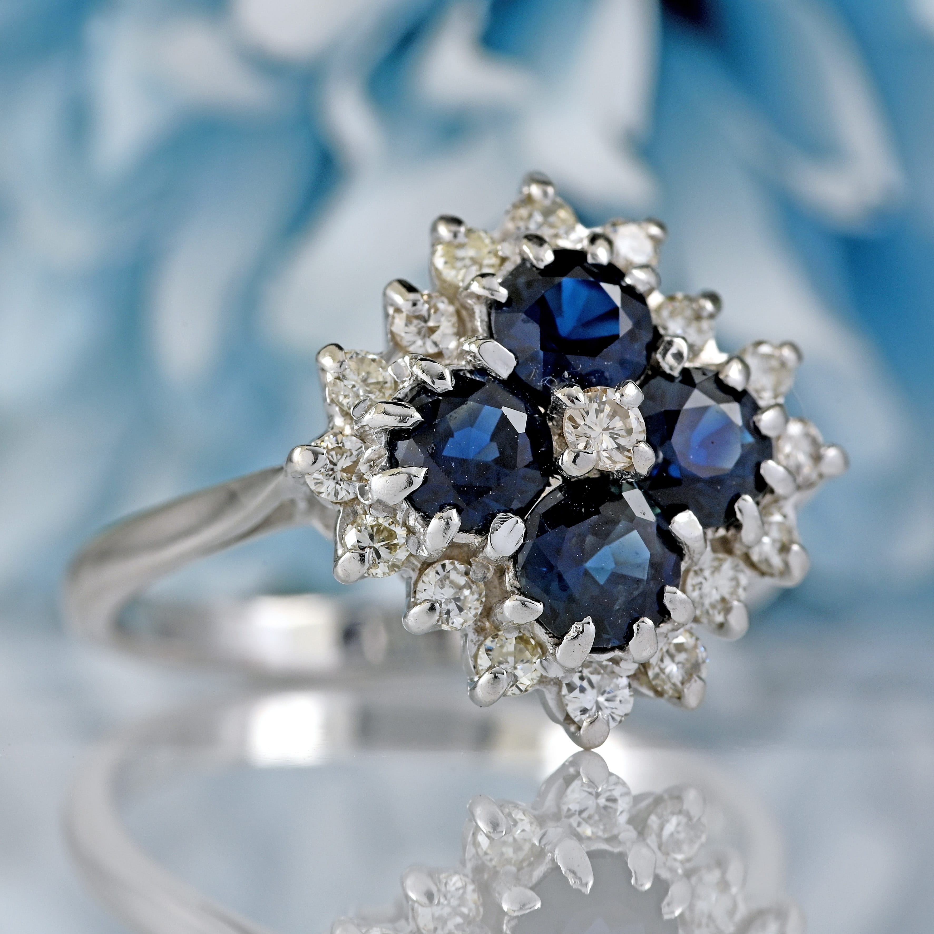Ellibelle Jewellery Vintage Four-Stone Sapphire & Diamond 18ct White Gold Cluster Statement Ring