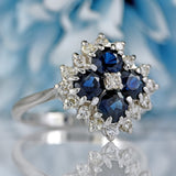 Ellibelle Jewellery Vintage Four-Stone Sapphire & Diamond 18ct White Gold Cluster Statement Ring