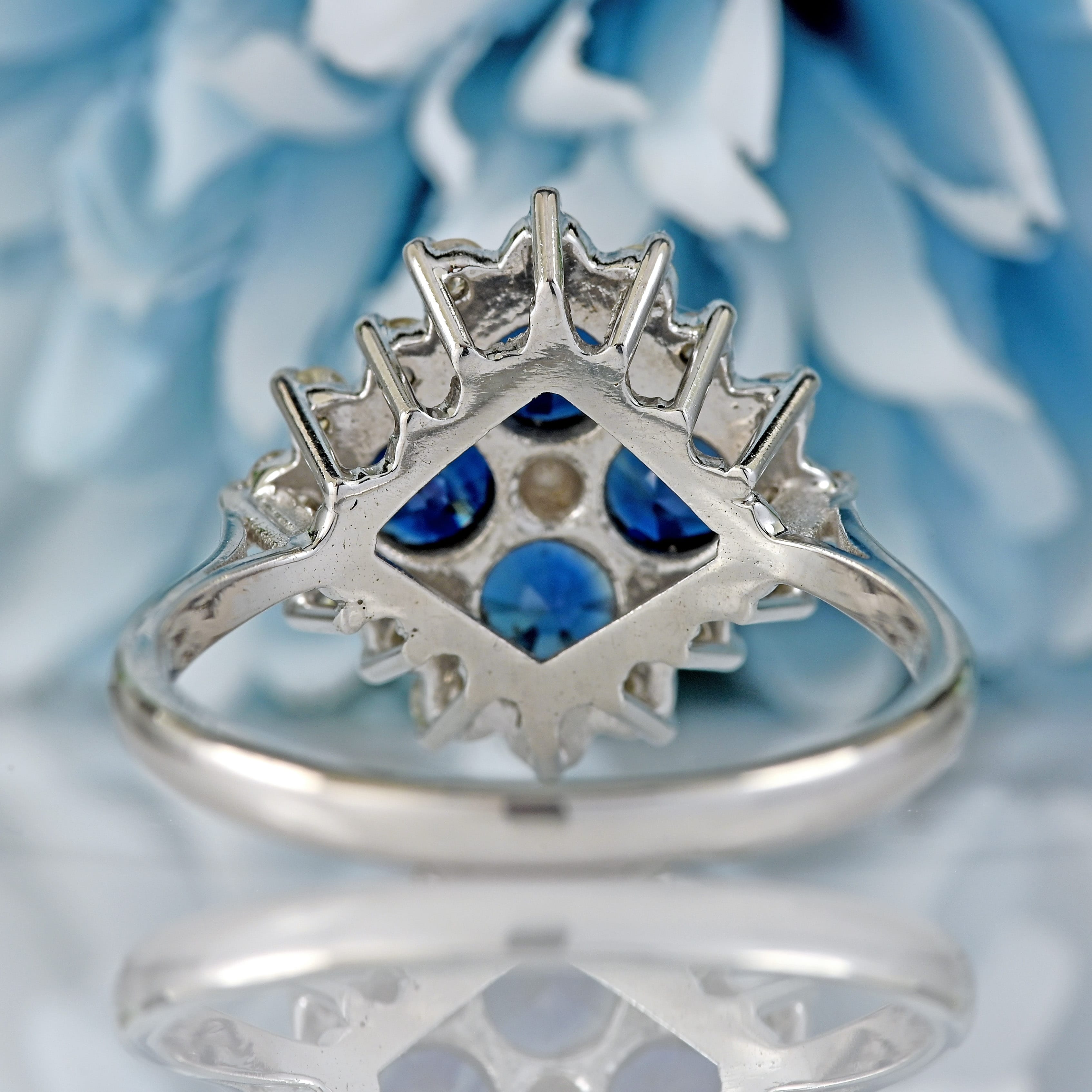 Ellibelle Jewellery Vintage Four-Stone Sapphire & Diamond 18ct White Gold Cluster Statement Ring
