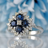 Ellibelle Jewellery Vintage Four-Stone Sapphire & Diamond 18ct White Gold Cluster Statement Ring