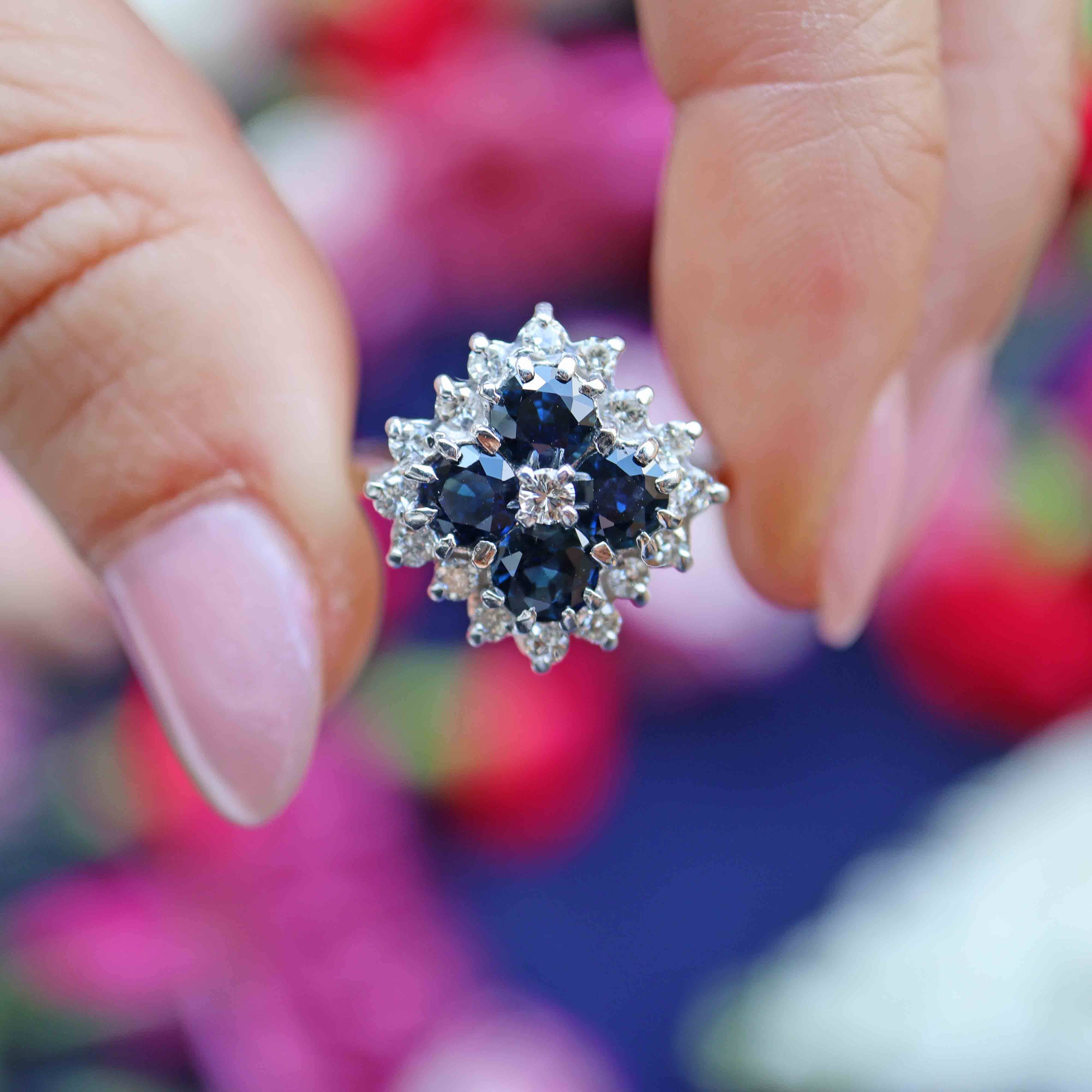 Ellibelle Jewellery Vintage Four-Stone Sapphire & Diamond 18ct White Gold Cluster Statement Ring