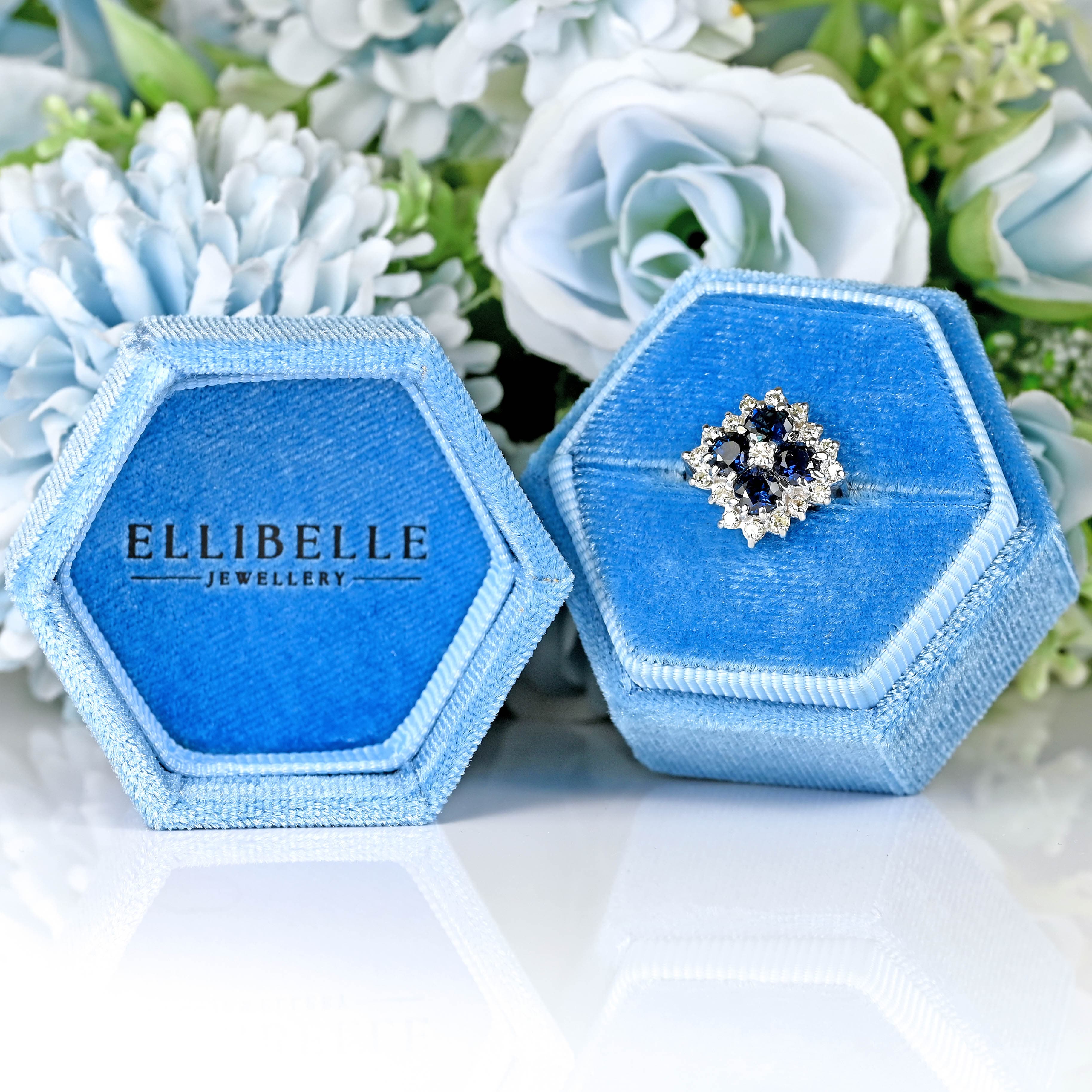 Ellibelle Jewellery Vintage Four-Stone Sapphire & Diamond 18ct White Gold Cluster Statement Ring