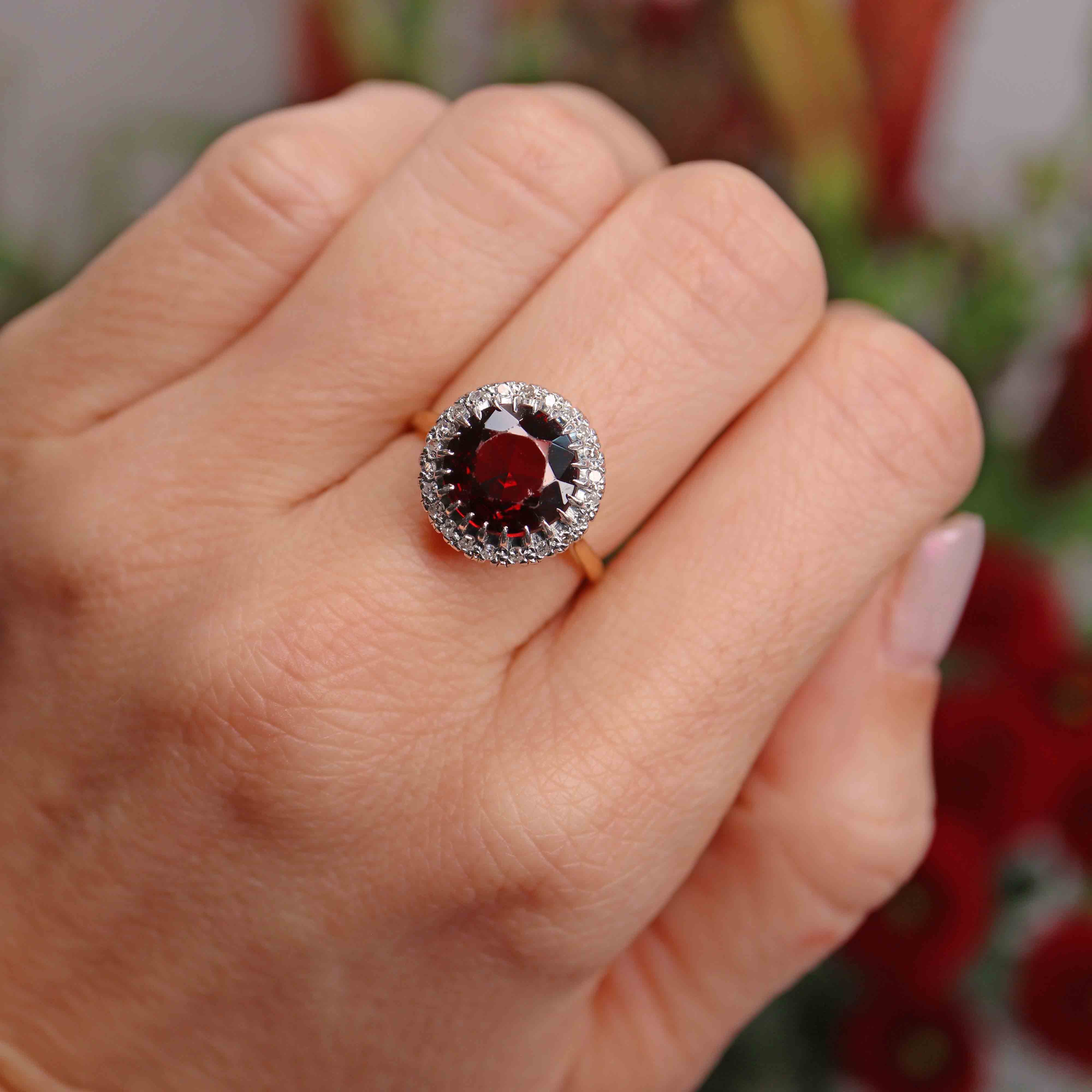 Ellibelle Jewellery Vintage Garnet & Diamond 18ct Gold Cluster Dress Ring