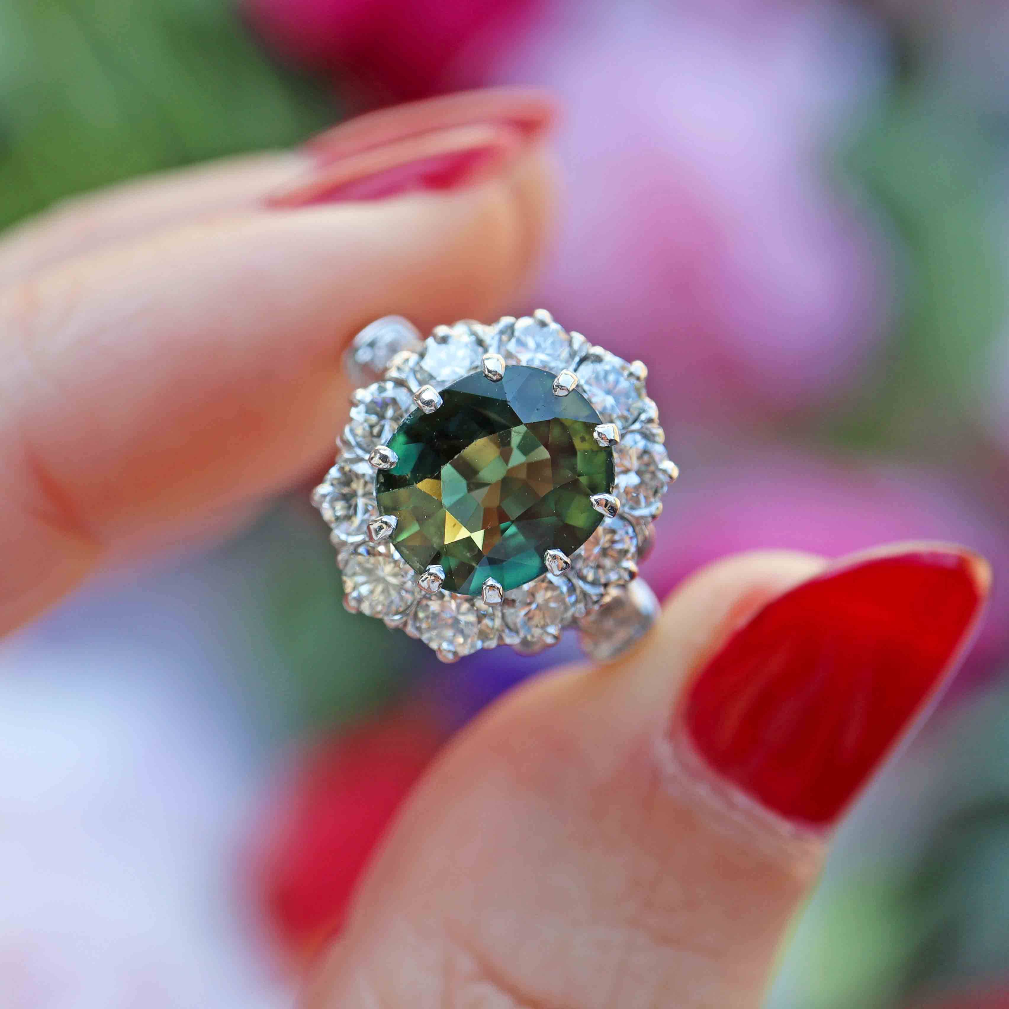 Ellibelle Jewellery Vintage Green Sapphire & Diamond 18ct White Gold Cluster Ring (2.95cts)