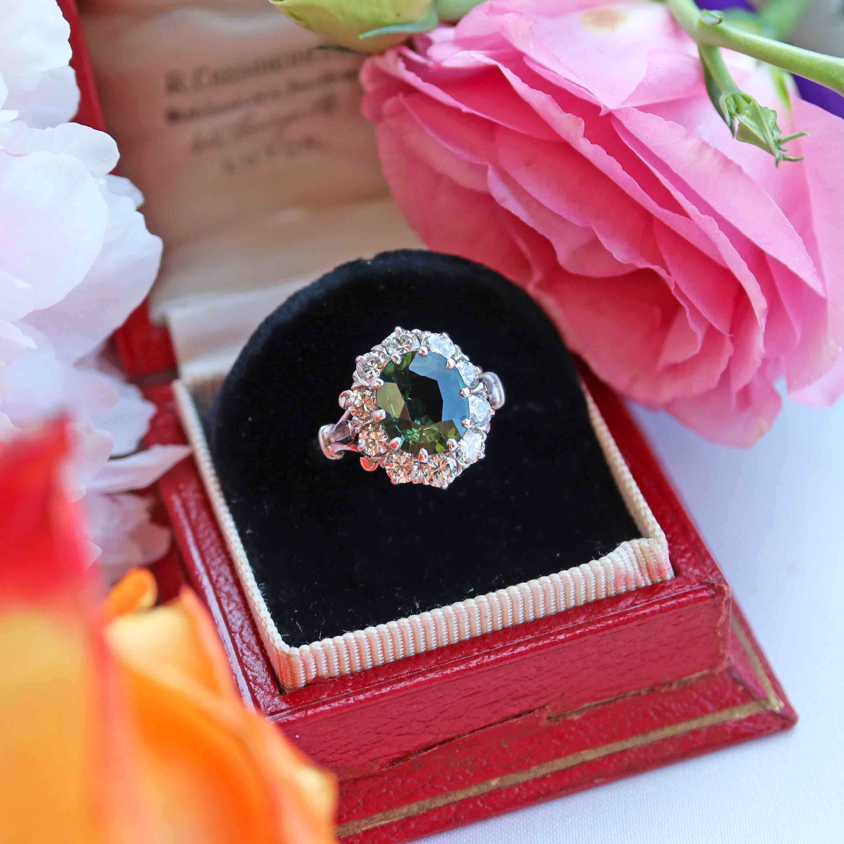Ellibelle Jewellery Vintage Green Sapphire & Diamond 18ct White Gold Cluster Ring (2.95cts)