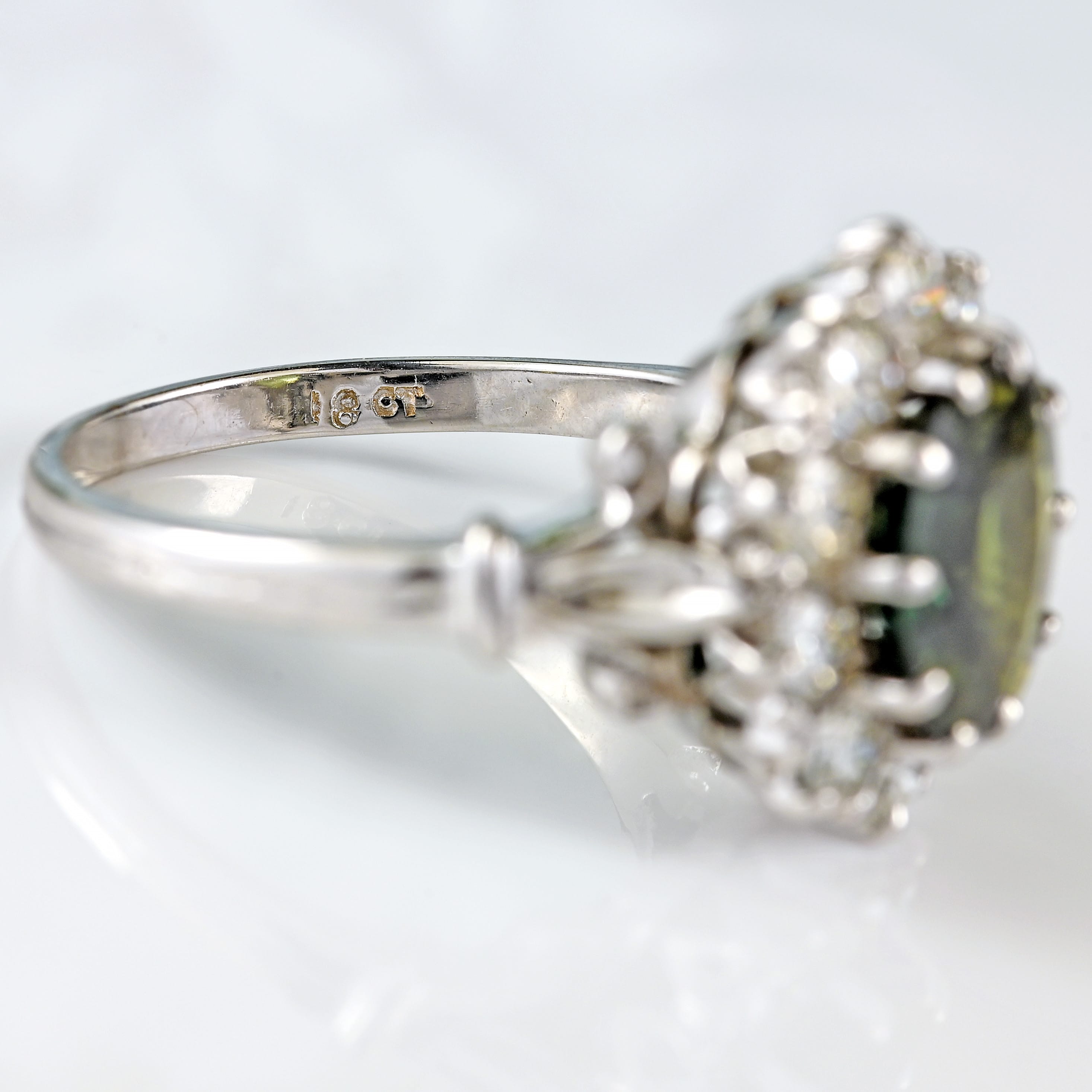 Ellibelle Jewellery Vintage Green Sapphire & Diamond 18ct White Gold Cluster Ring (2.95cts)