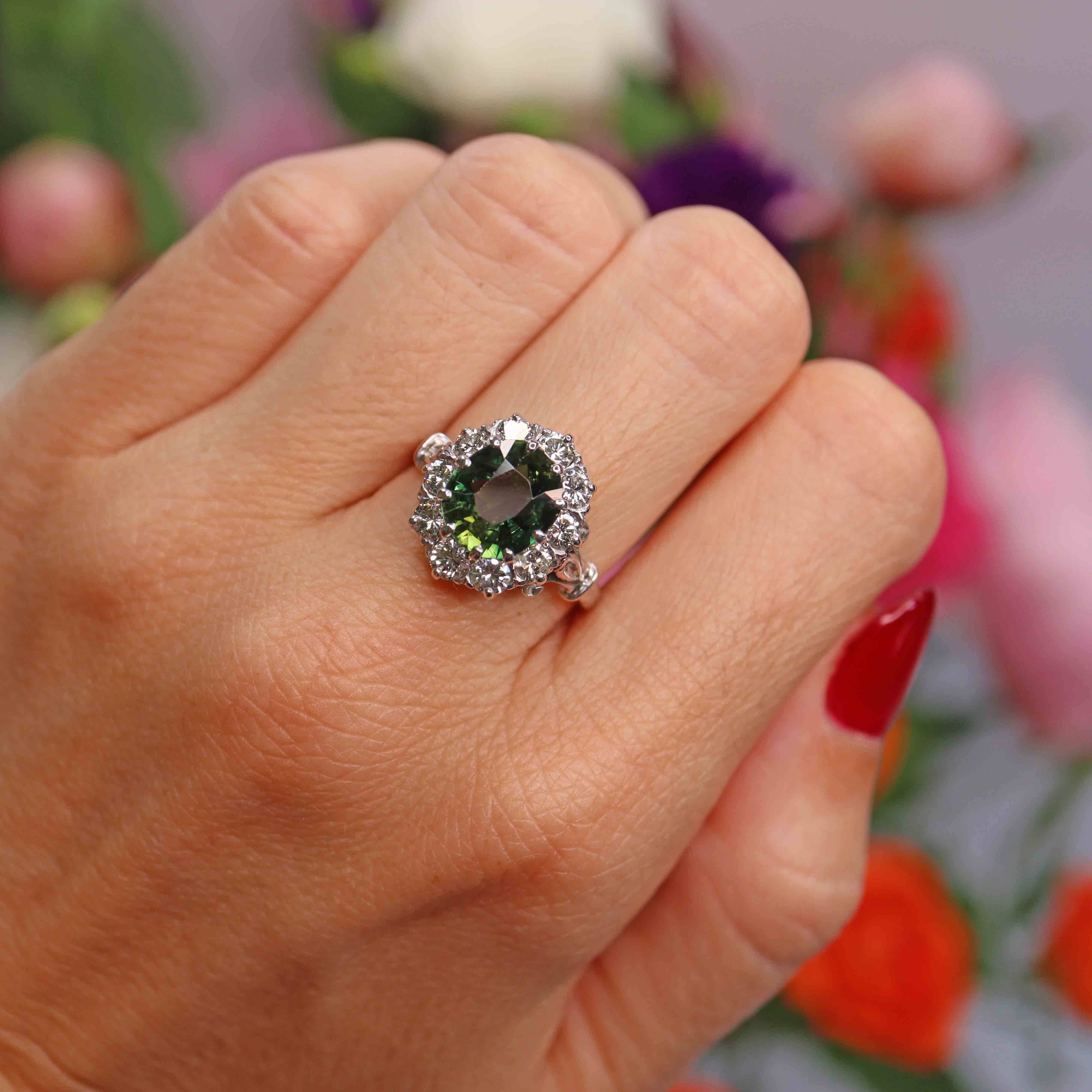 Ellibelle Jewellery Vintage Green Sapphire & Diamond 18ct White Gold Cluster Ring (2.95cts)