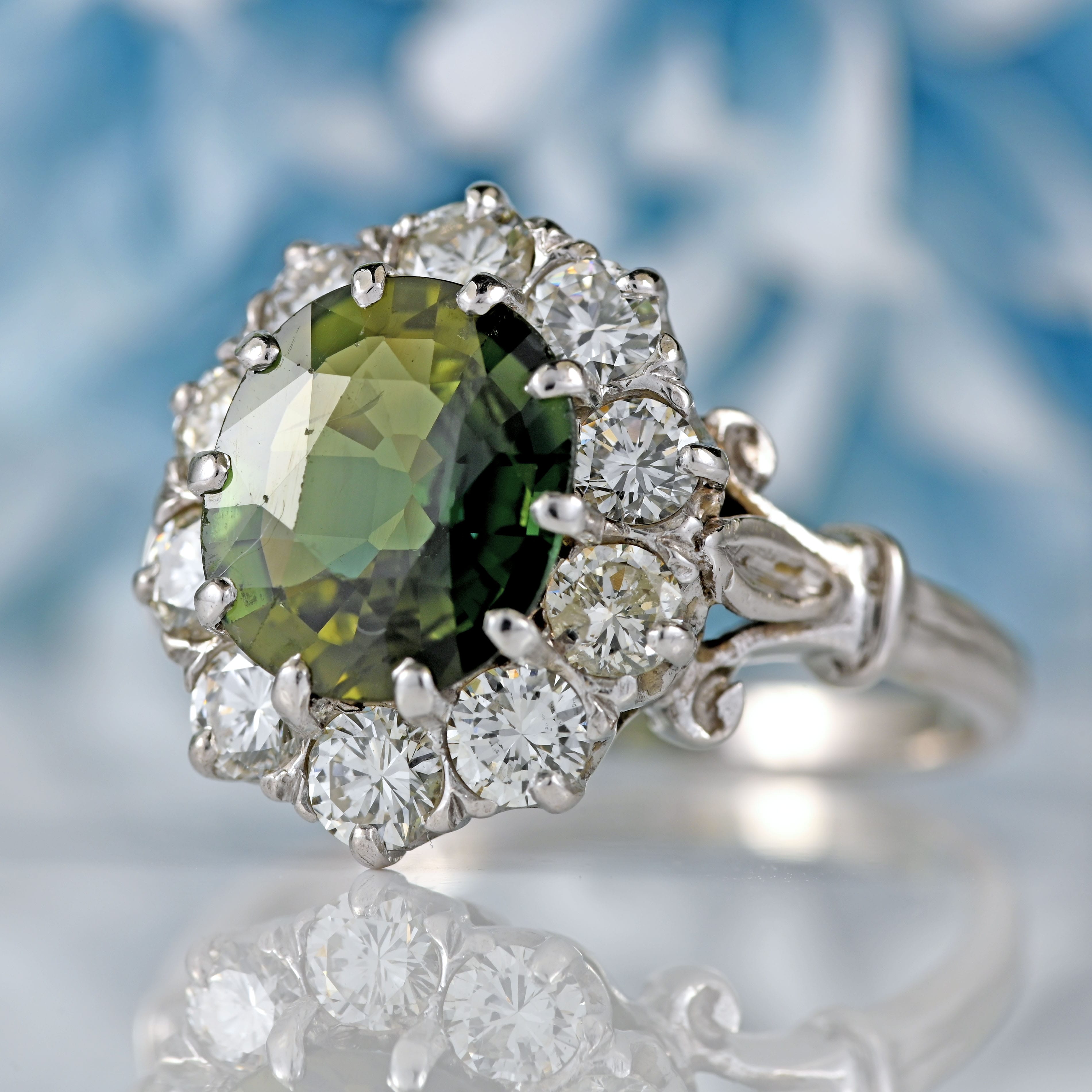 Ellibelle Jewellery Vintage Green Sapphire & Diamond 18ct White Gold Cluster Ring (2.95cts)