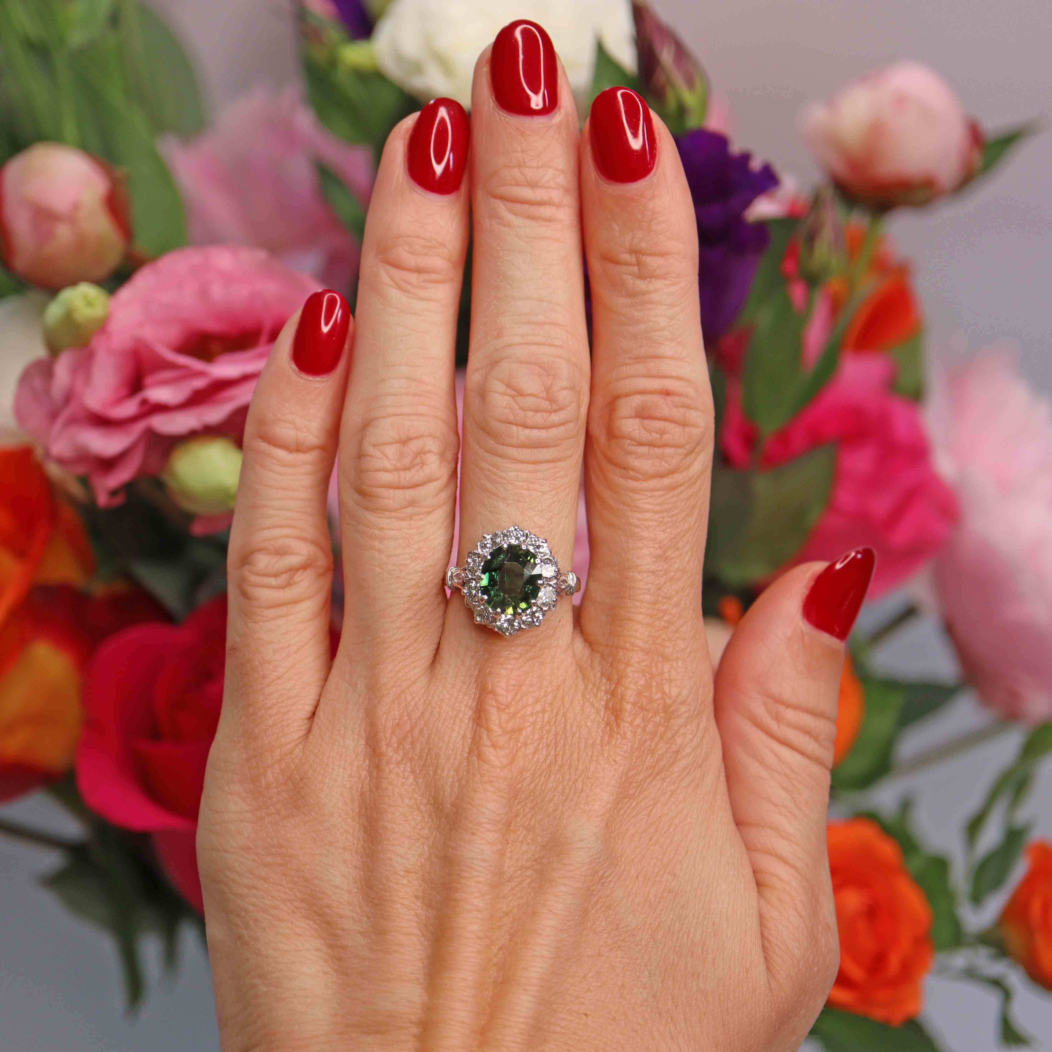 Ellibelle Jewellery Vintage Green Sapphire & Diamond 18ct White Gold Cluster Ring (2.95cts)