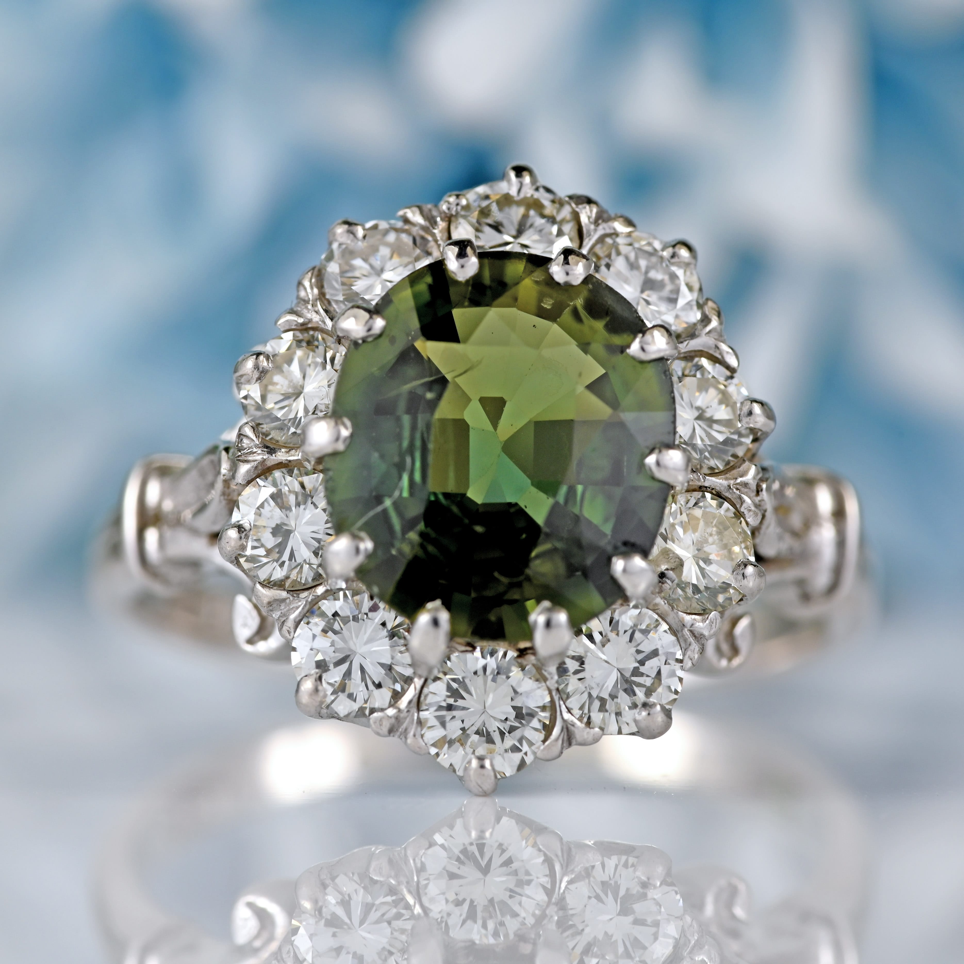 Ellibelle Jewellery Vintage Green Sapphire & Diamond 18ct White Gold Cluster Ring (2.95cts)