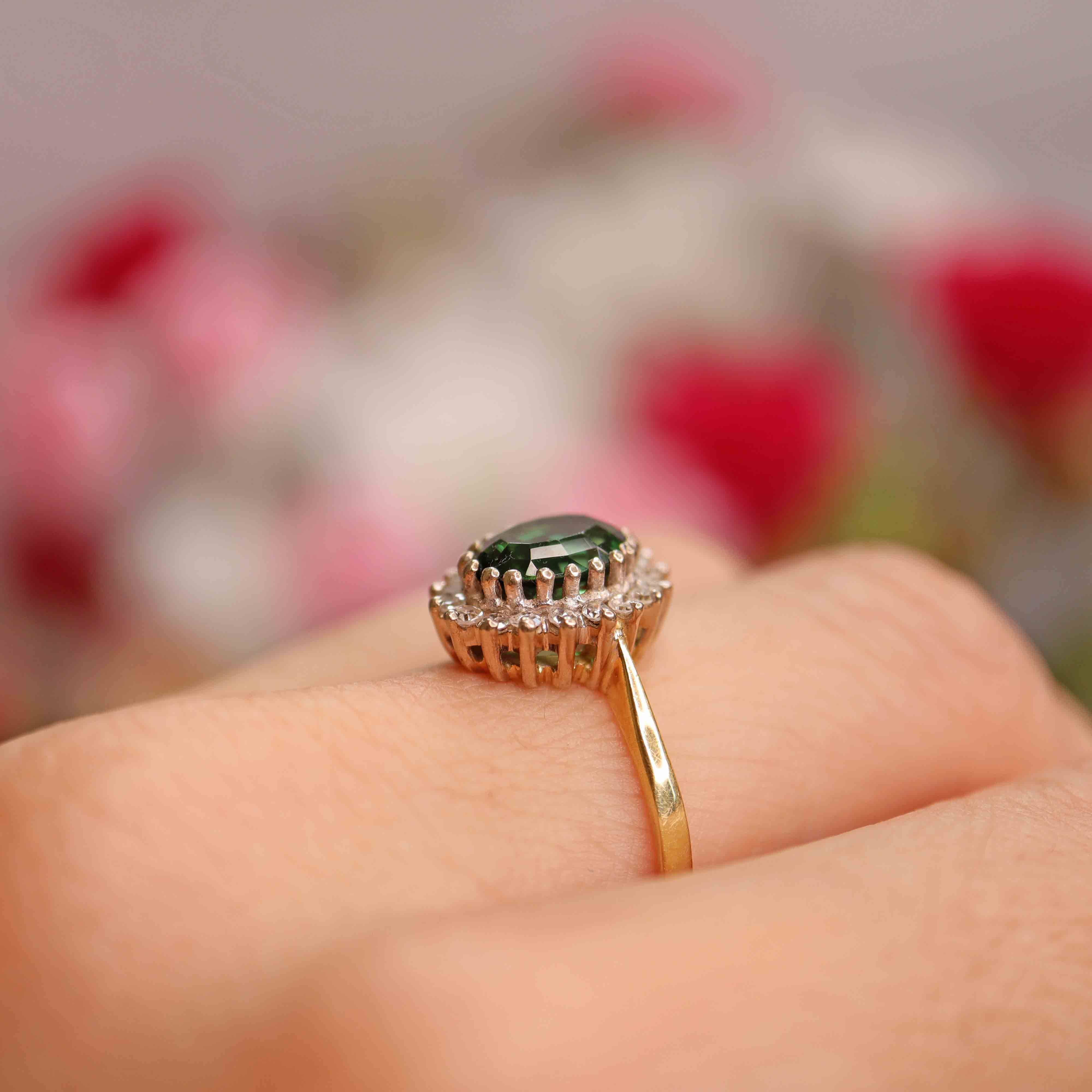 Ellibelle Jewellery Vintage Green Tourmaline & Diamond 18ct Gold Cluster Ring by Cropp and Farr
