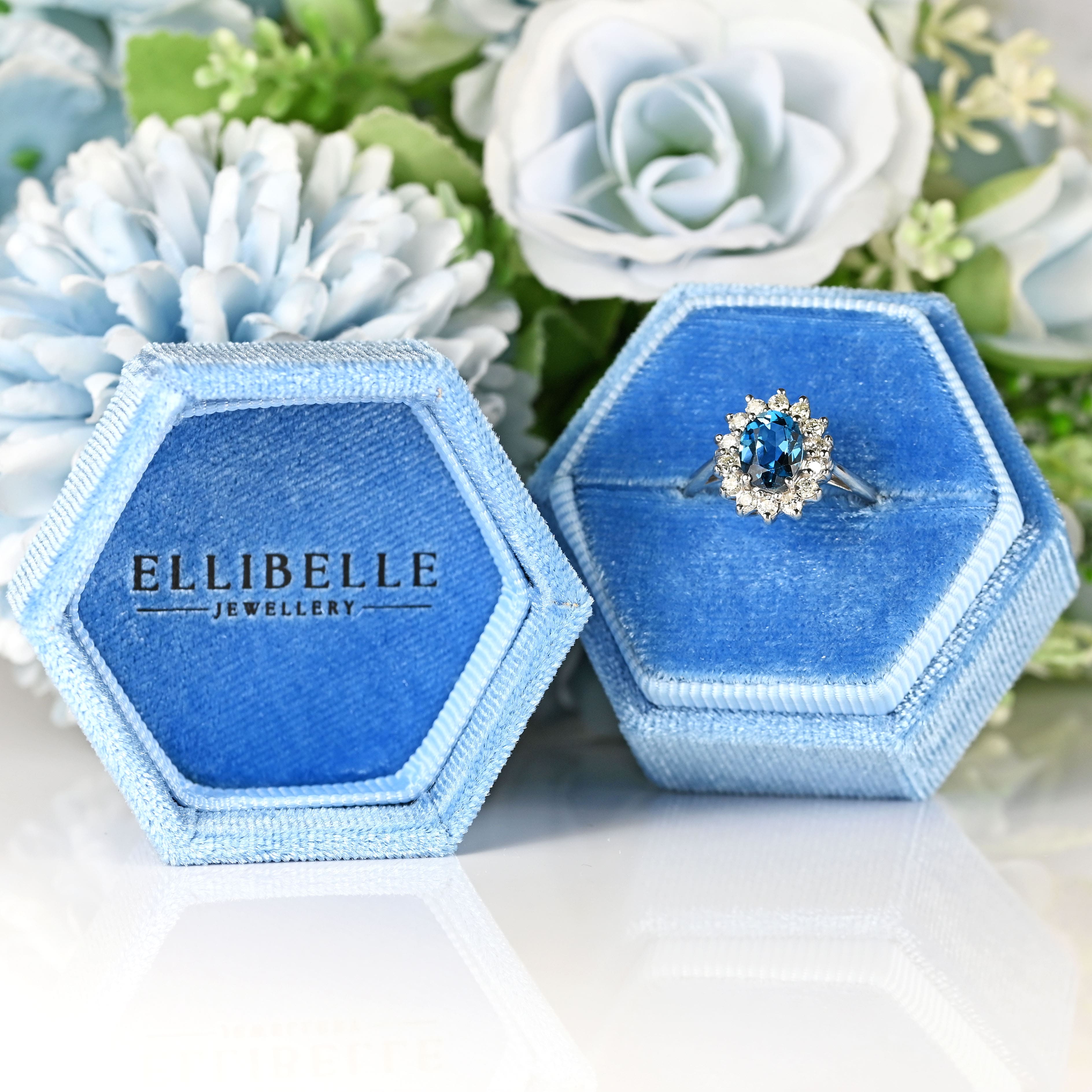 Ellibelle Jewellery Vintage London Blue Topaz & Diamond 18ct White Gold Cluster Ring