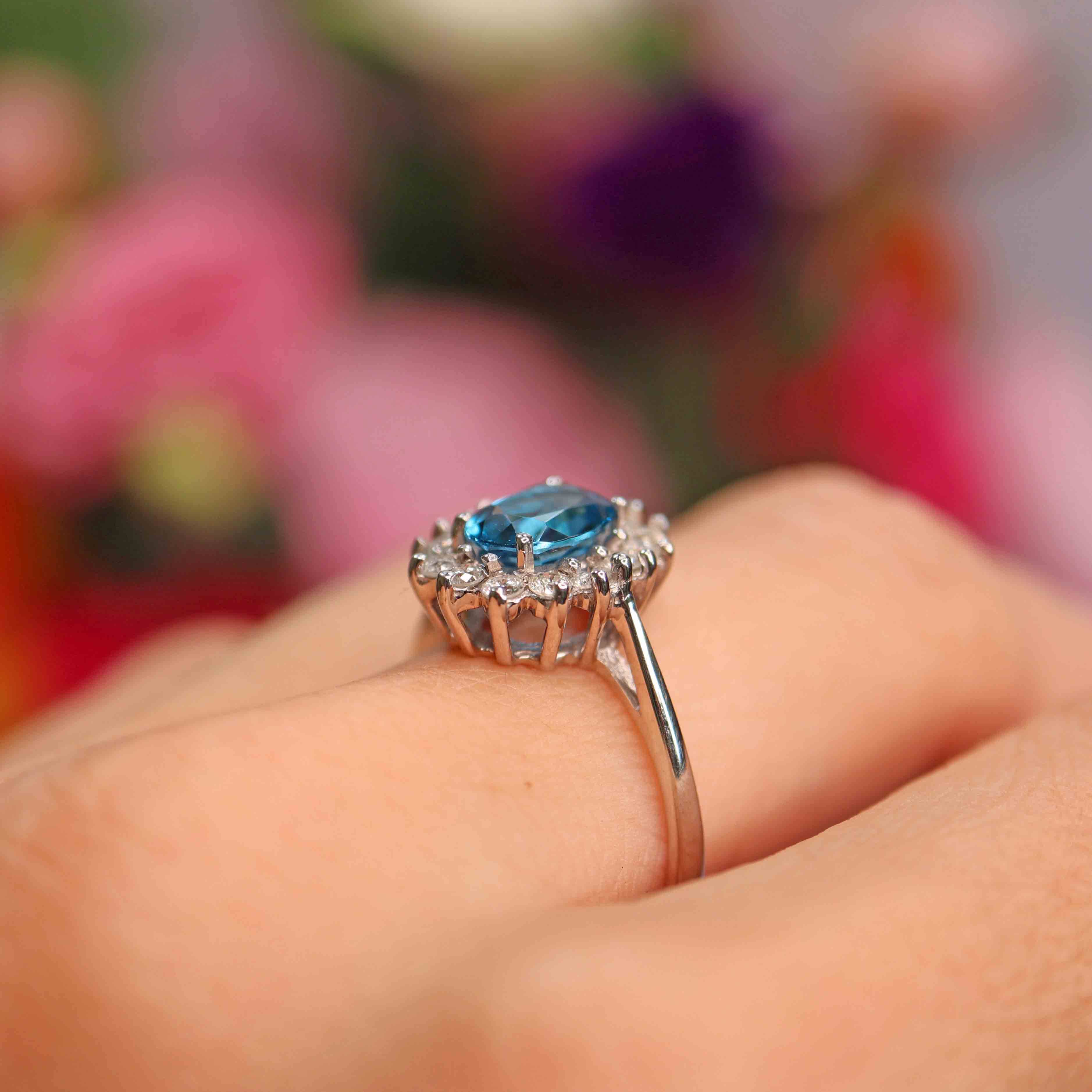 Ellibelle Jewellery Vintage London Blue Topaz & Diamond 18ct White Gold Cluster Ring