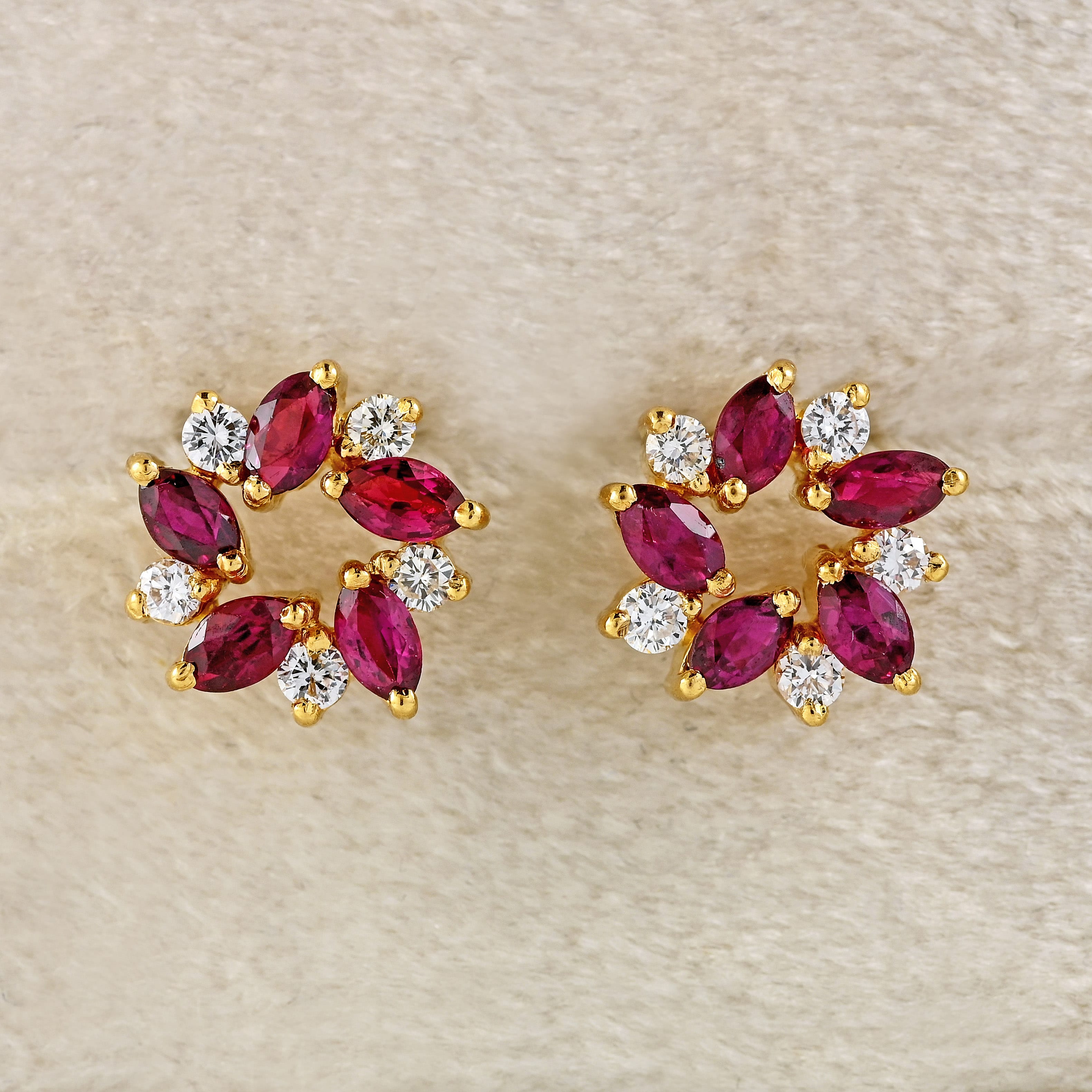 Ellibelle Jewellery Vintage Marquise-Cut Ruby & Diamond 18ct Gold Stud Earrings