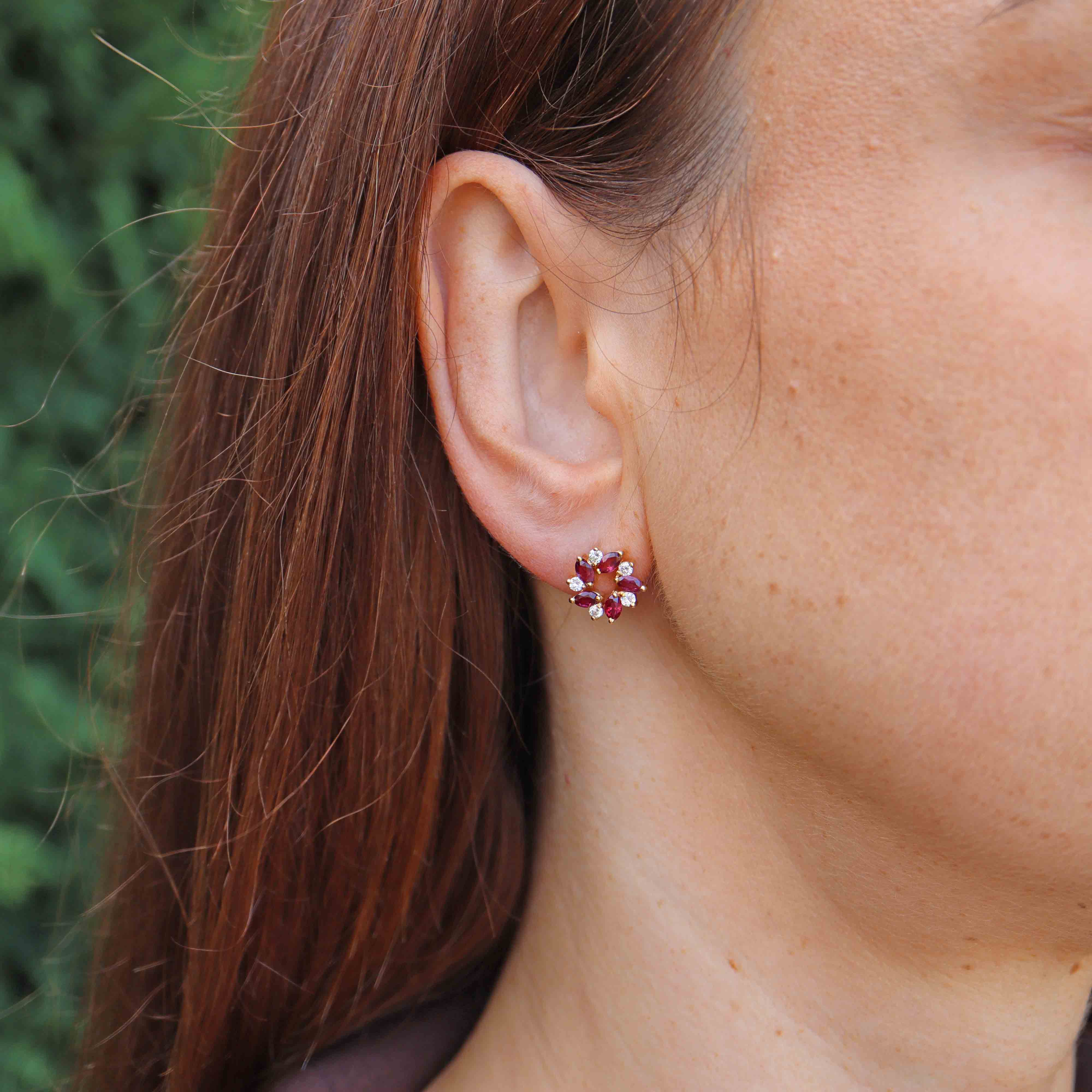 Ellibelle Jewellery Vintage Marquise-Cut Ruby & Diamond 18ct Gold Stud Earrings
