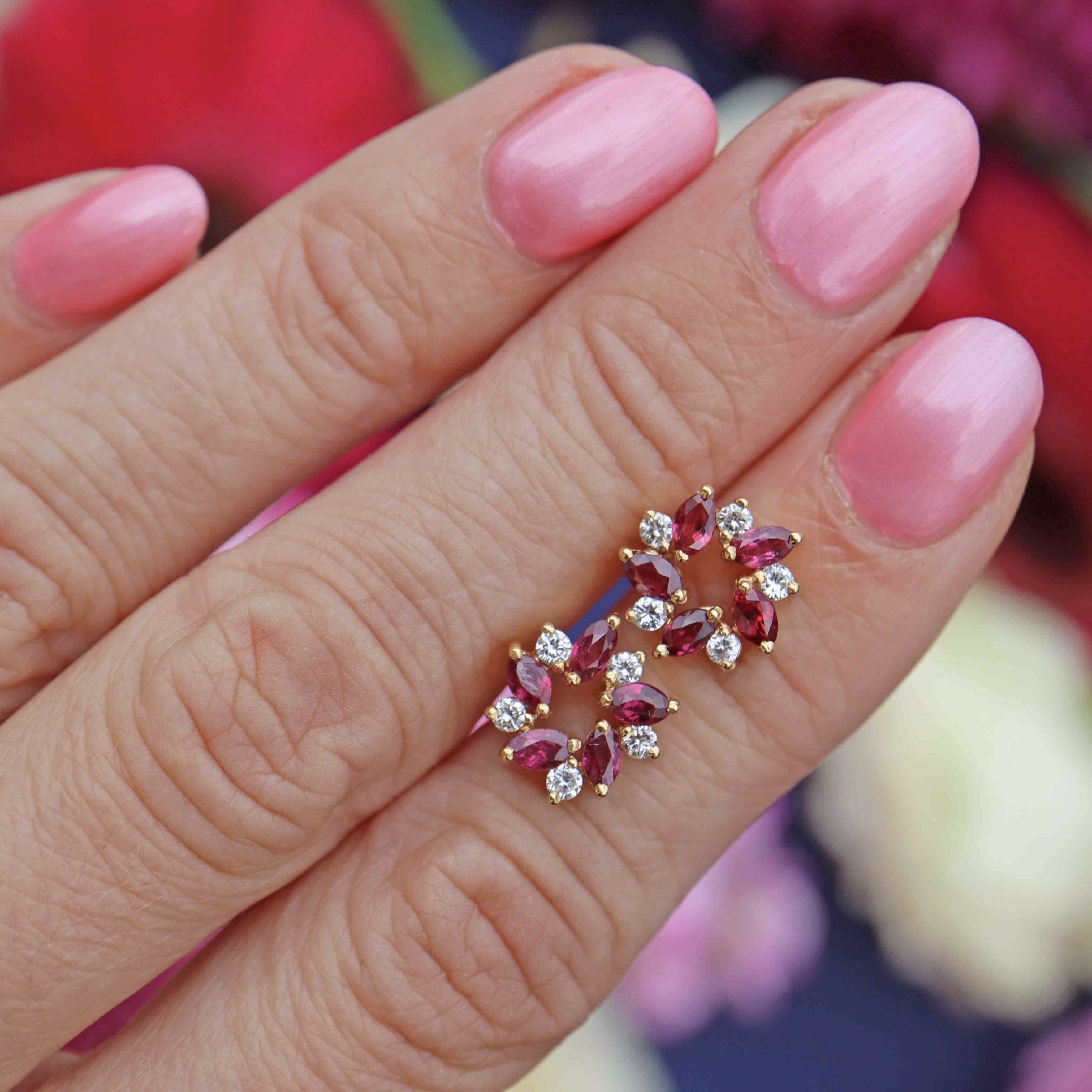 Ellibelle Jewellery Vintage Marquise-Cut Ruby & Diamond 18ct Gold Stud Earrings