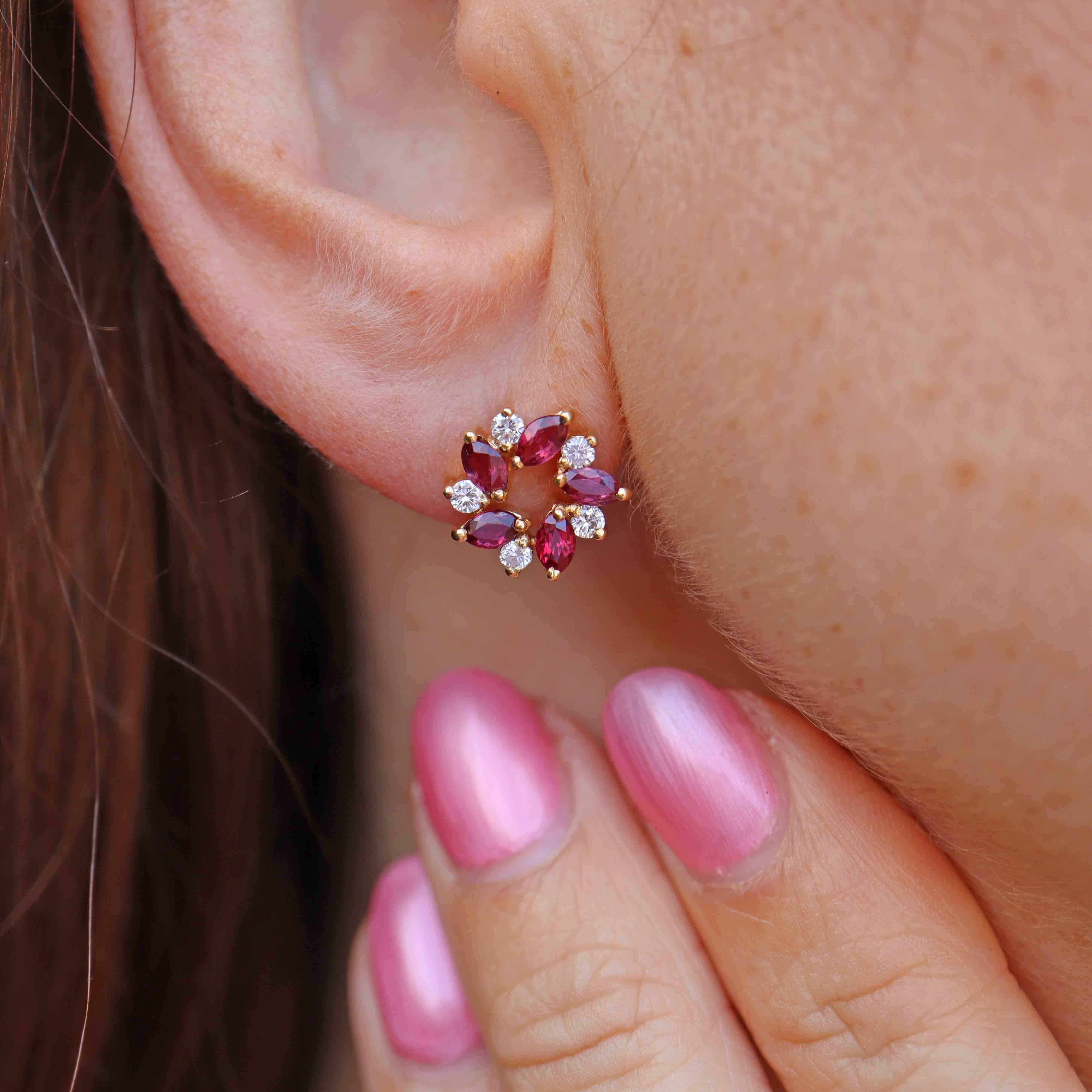 Ellibelle Jewellery Vintage Marquise-Cut Ruby & Diamond 18ct Gold Stud Earrings