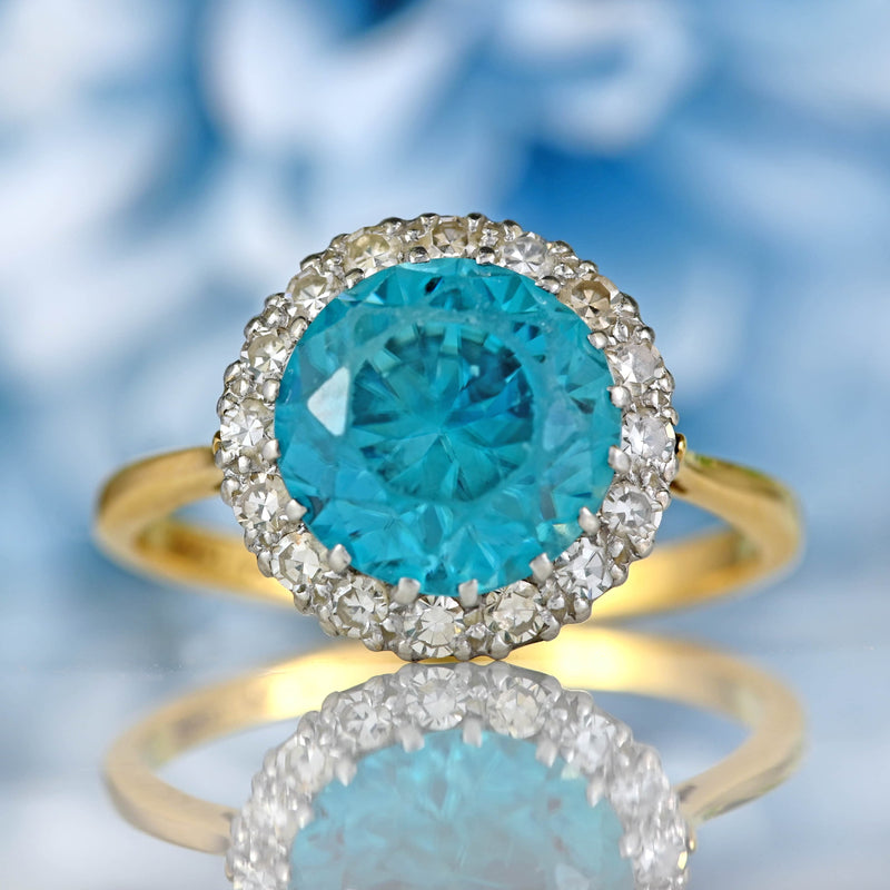 Ellibelle Jewellery Vintage Mid-Century Blue Zircon & Diamond 18ct Gold Cluster Ring