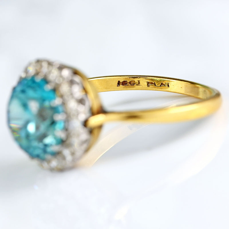 Ellibelle Jewellery Vintage Mid-Century Blue Zircon & Diamond 18ct Gold Cluster Ring