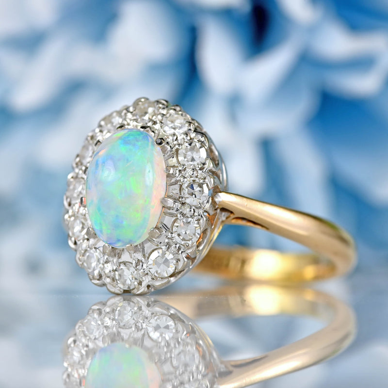 Ellibelle Jewellery Vintage Mid-Century Opal & Diamond 18ct Gold Platinum Cluster Ring