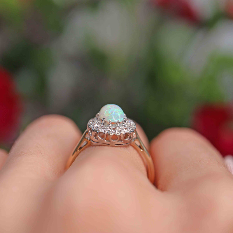 Ellibelle Jewellery Vintage Mid-Century Opal & Diamond 18ct Gold Platinum Cluster Ring