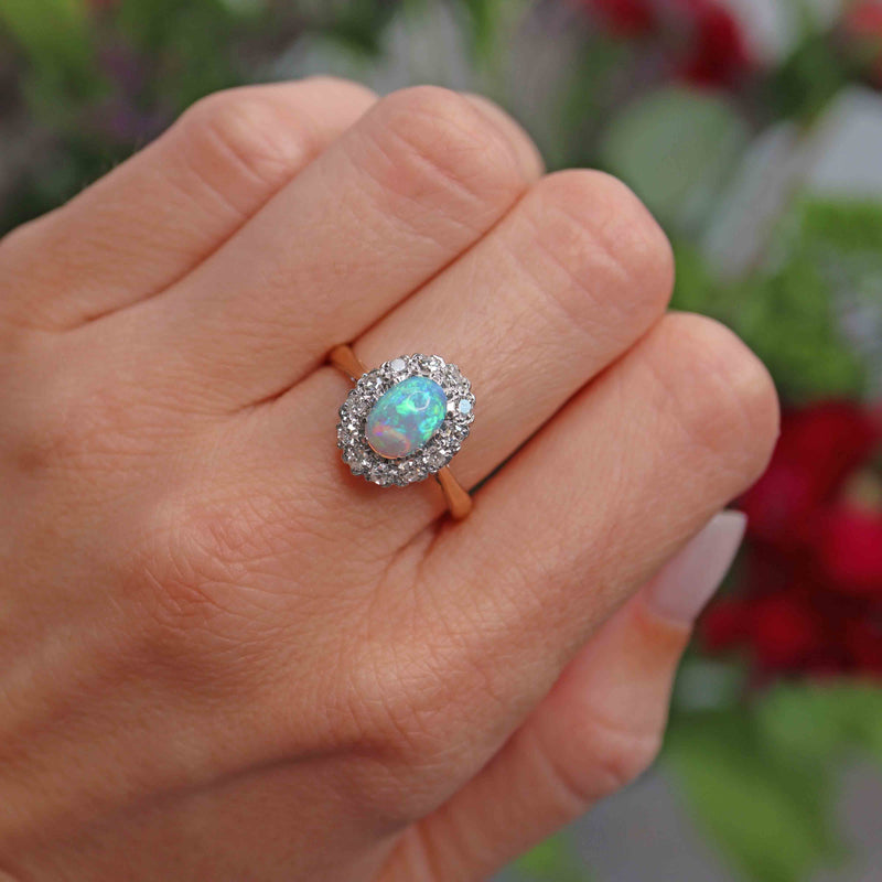 Ellibelle Jewellery Vintage Mid-Century Opal & Diamond 18ct Gold Platinum Cluster Ring