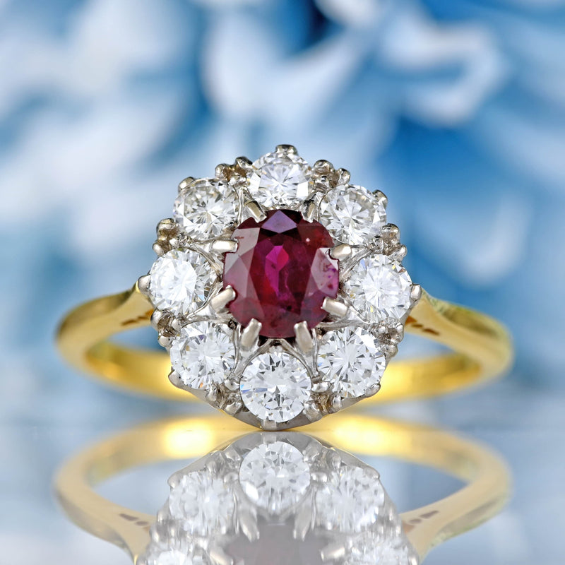 Ellibelle Jewellery Vintage Mid-Century Ruby & Diamond 18ct Gold Cluster Engagement Ring