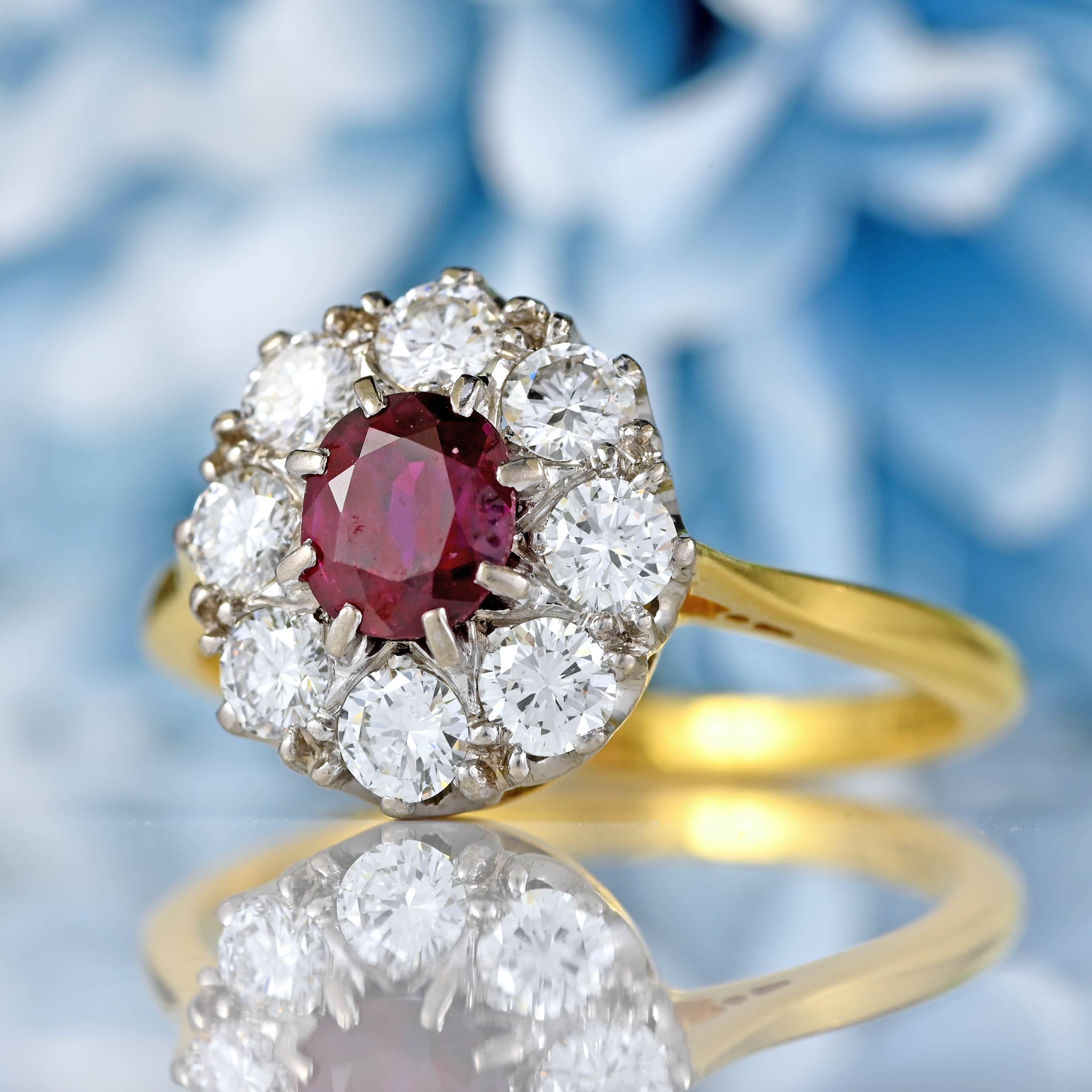 Ellibelle Jewellery Vintage Mid-Century Ruby & Diamond 18ct Gold Cluster Engagement Ring