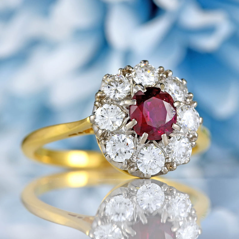 Ellibelle Jewellery Vintage Mid-Century Ruby & Diamond 18ct Gold Cluster Engagement Ring