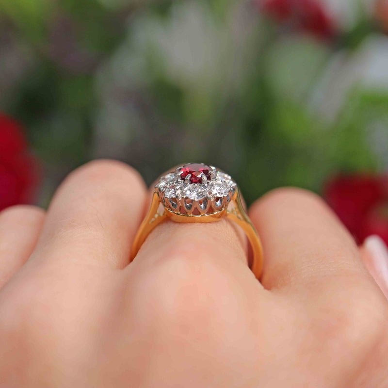 Ellibelle Jewellery Vintage Mid-Century Ruby & Diamond 18ct Gold Cluster Engagement Ring