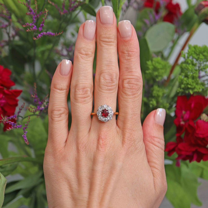 Ellibelle Jewellery Vintage Mid-Century Ruby & Diamond 18ct Gold Cluster Engagement Ring