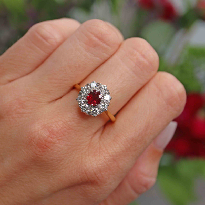 Ellibelle Jewellery Vintage Mid-Century Ruby & Diamond 18ct Gold Cluster Engagement Ring