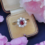 Ellibelle Jewellery Vintage Mid-Century Ruby & Diamond 18ct Gold Cluster Engagement Ring