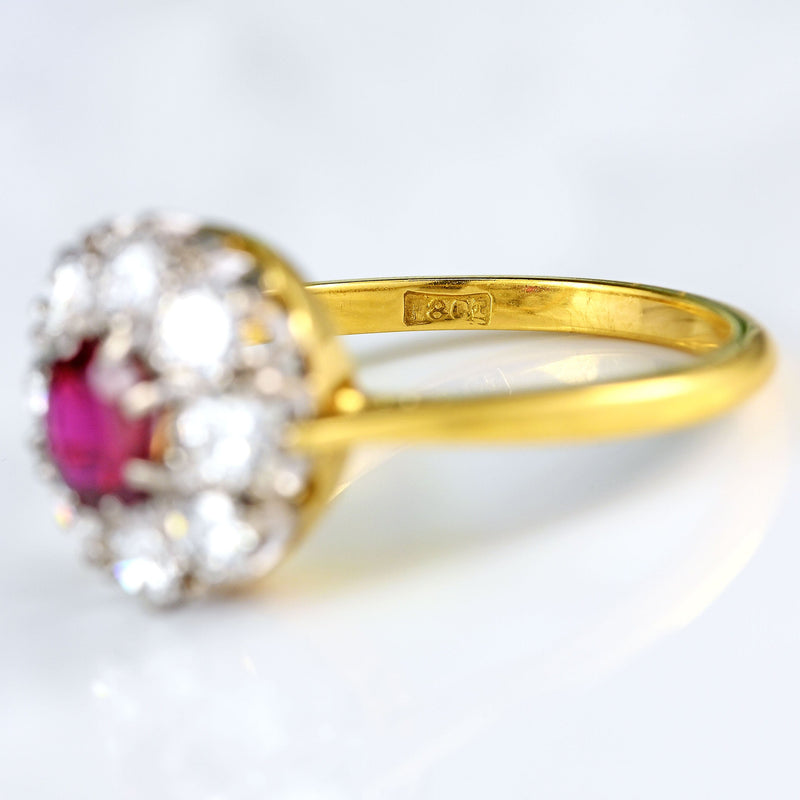 Ellibelle Jewellery Vintage Mid-Century Ruby & Diamond 18ct Gold Cluster Engagement Ring