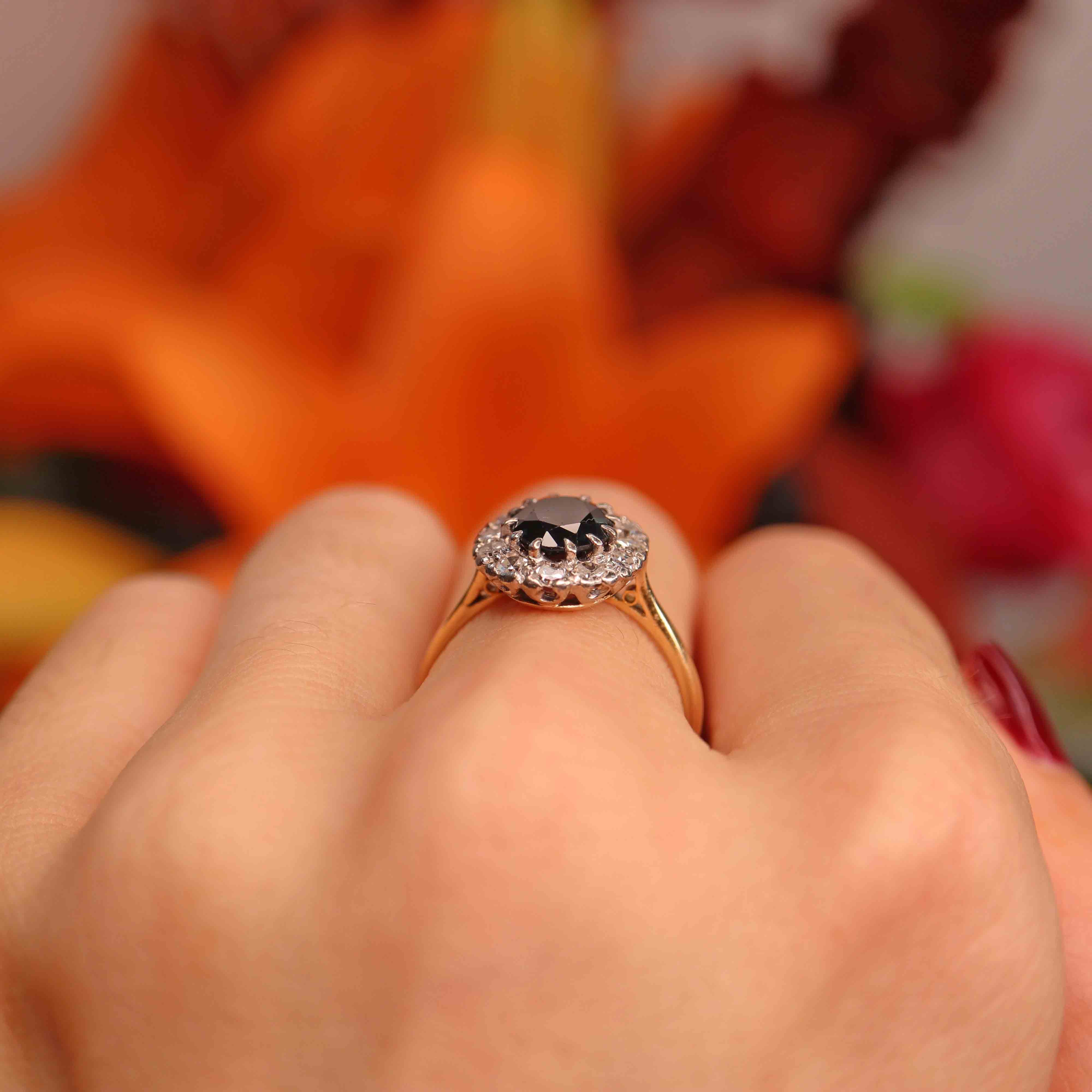 Ellibelle Jewellery Vintage Mid-Century Sapphire & Diamond 18ct Gold Platinum Cluster Ring (1.80cts)