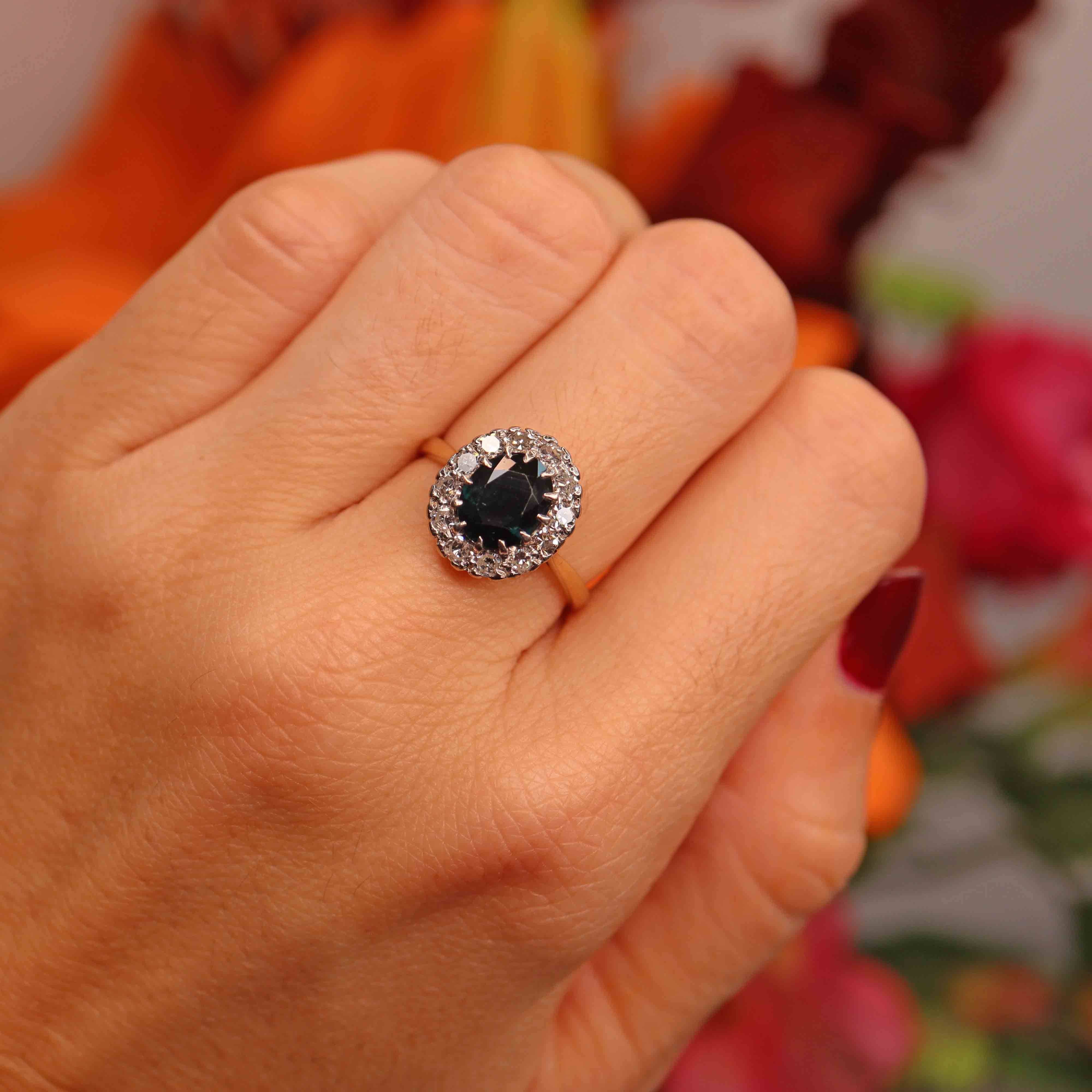 Ellibelle Jewellery Vintage Mid-Century Sapphire & Diamond 18ct Gold Platinum Cluster Ring (1.80cts)