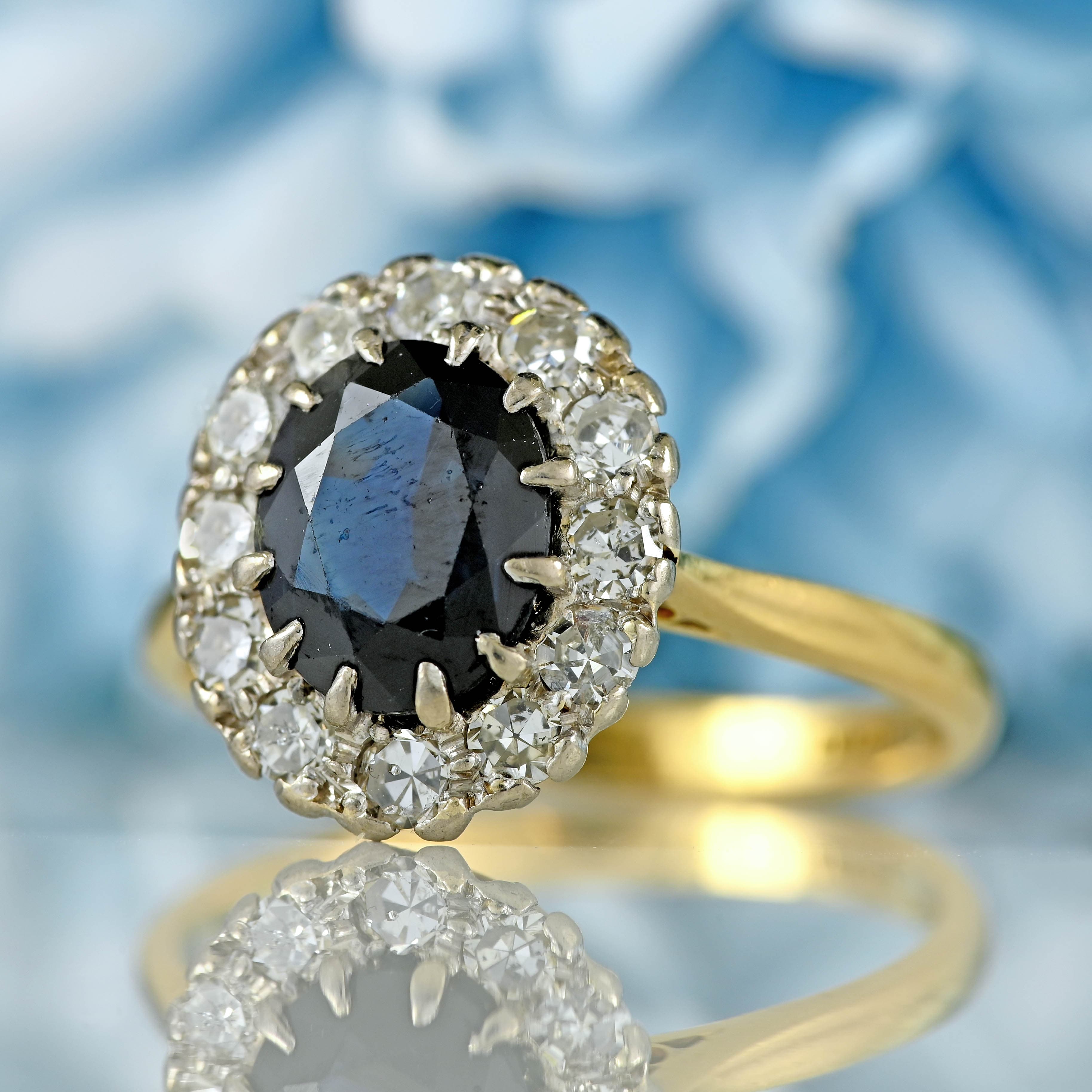 Ellibelle Jewellery Vintage Mid-Century Sapphire & Diamond 18ct Gold Platinum Cluster Ring (1.80cts)