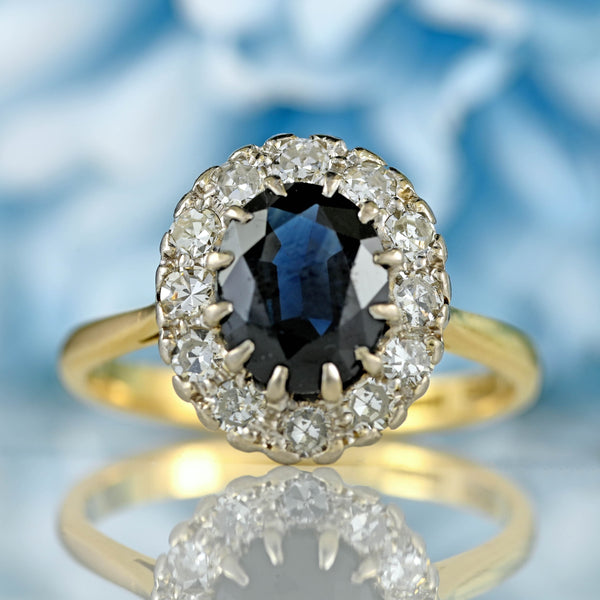 Ellibelle Jewellery Vintage Mid-Century Sapphire & Diamond 18ct Gold Platinum Cluster Ring (1.80cts)
