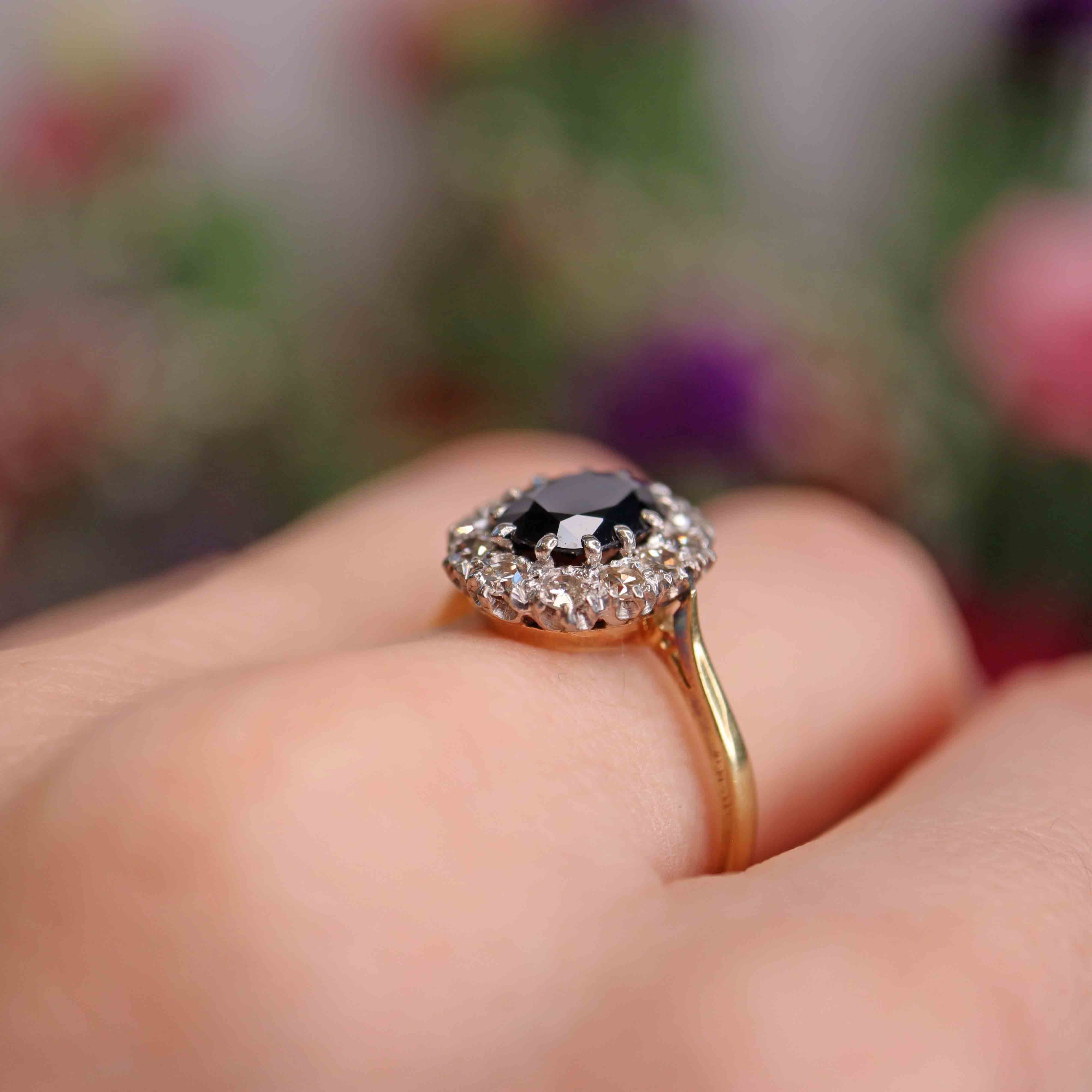 Ellibelle Jewellery Vintage Mid-Century Sapphire & Diamond 18ct Gold Platinum Cluster Ring (1.95cts)
