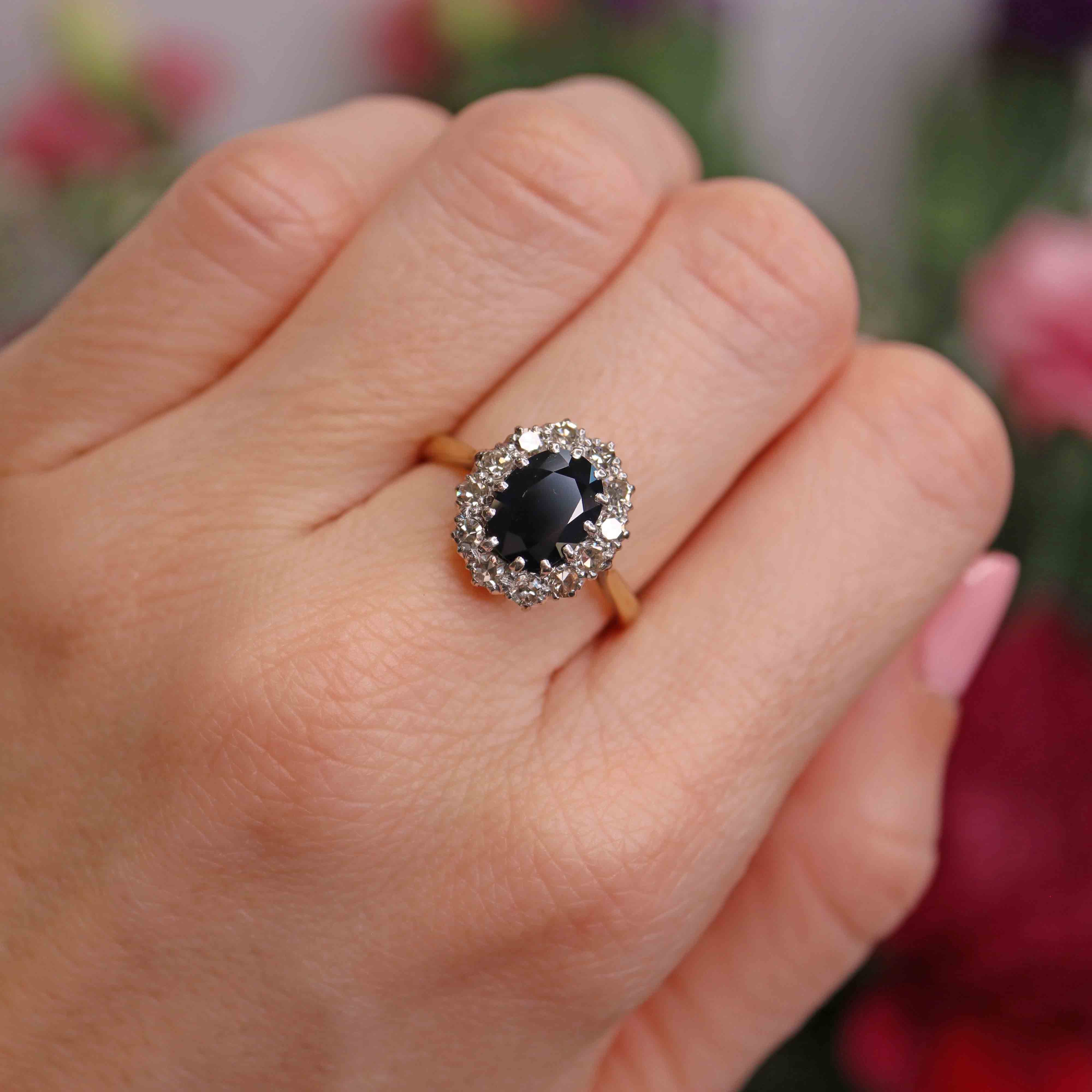 Ellibelle Jewellery Vintage Mid-Century Sapphire & Diamond 18ct Gold Platinum Cluster Ring (1.95cts)