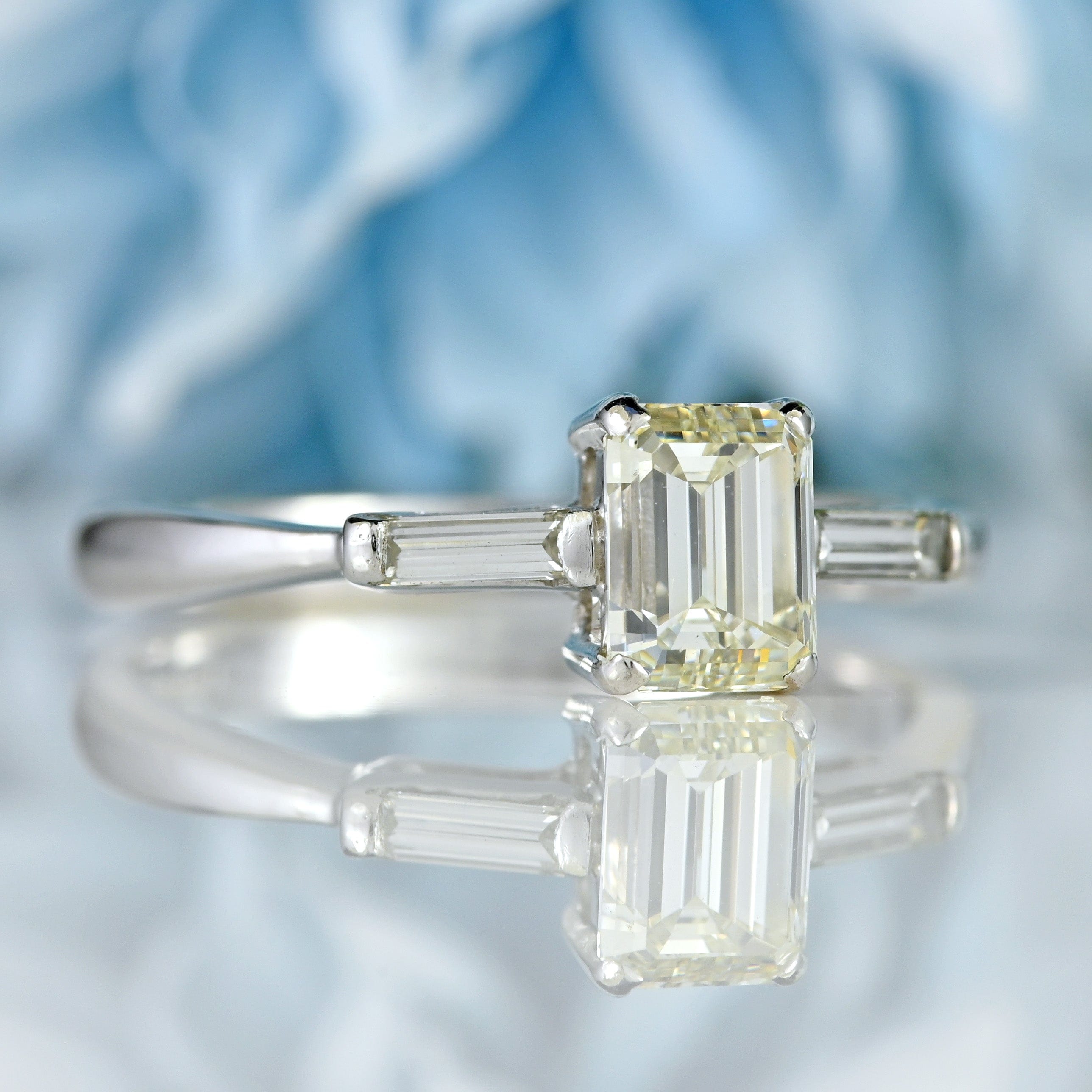 Ellibelle Jewellery Vintage Millennium Emerald-Cut Diamond 18ct White Gold Three-Stone Engagement Ring