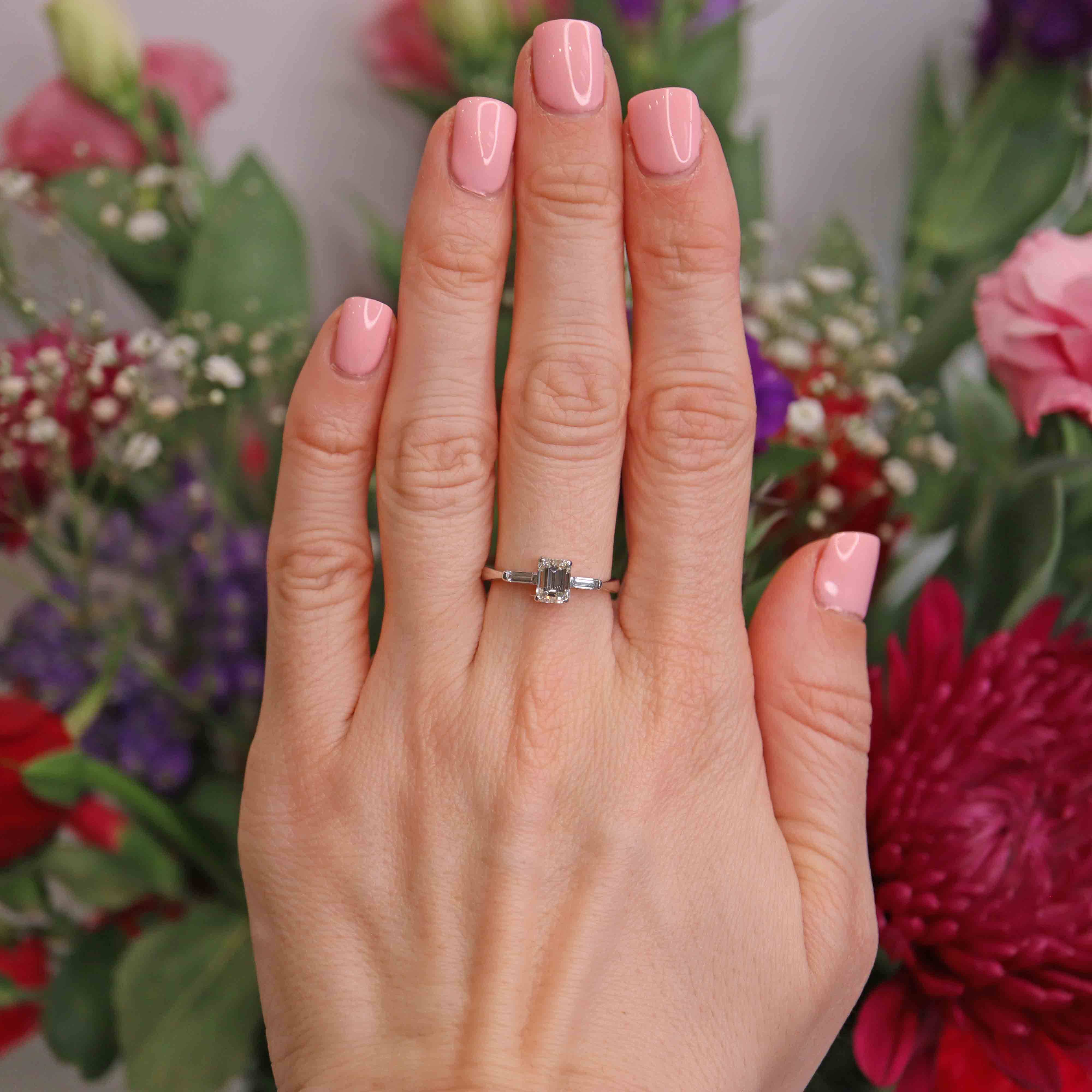 Ellibelle Jewellery Vintage Millennium Emerald-Cut Diamond 18ct White Gold Three-Stone Engagement Ring